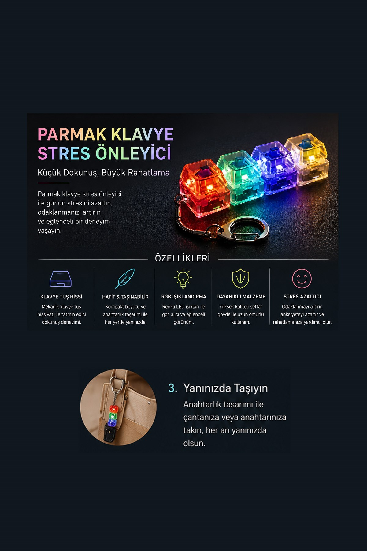 Işıklı Click Sesli Stres Giderici Anahtarlık Mini Klavye Oyuncu Fidget Keychain