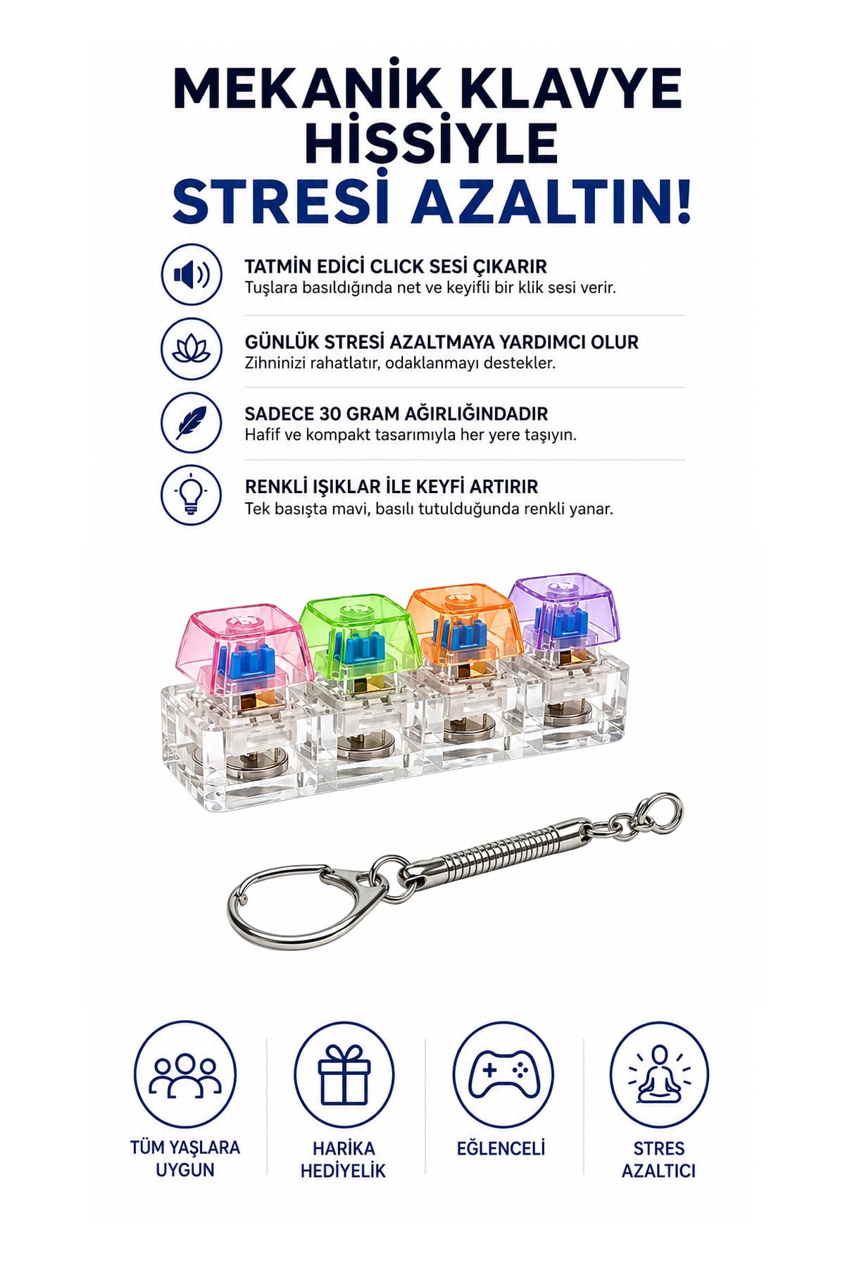 Işıklı Click Sesli Stres Giderici Anahtarlık Mini Klavye Oyuncu Fidget Keychain