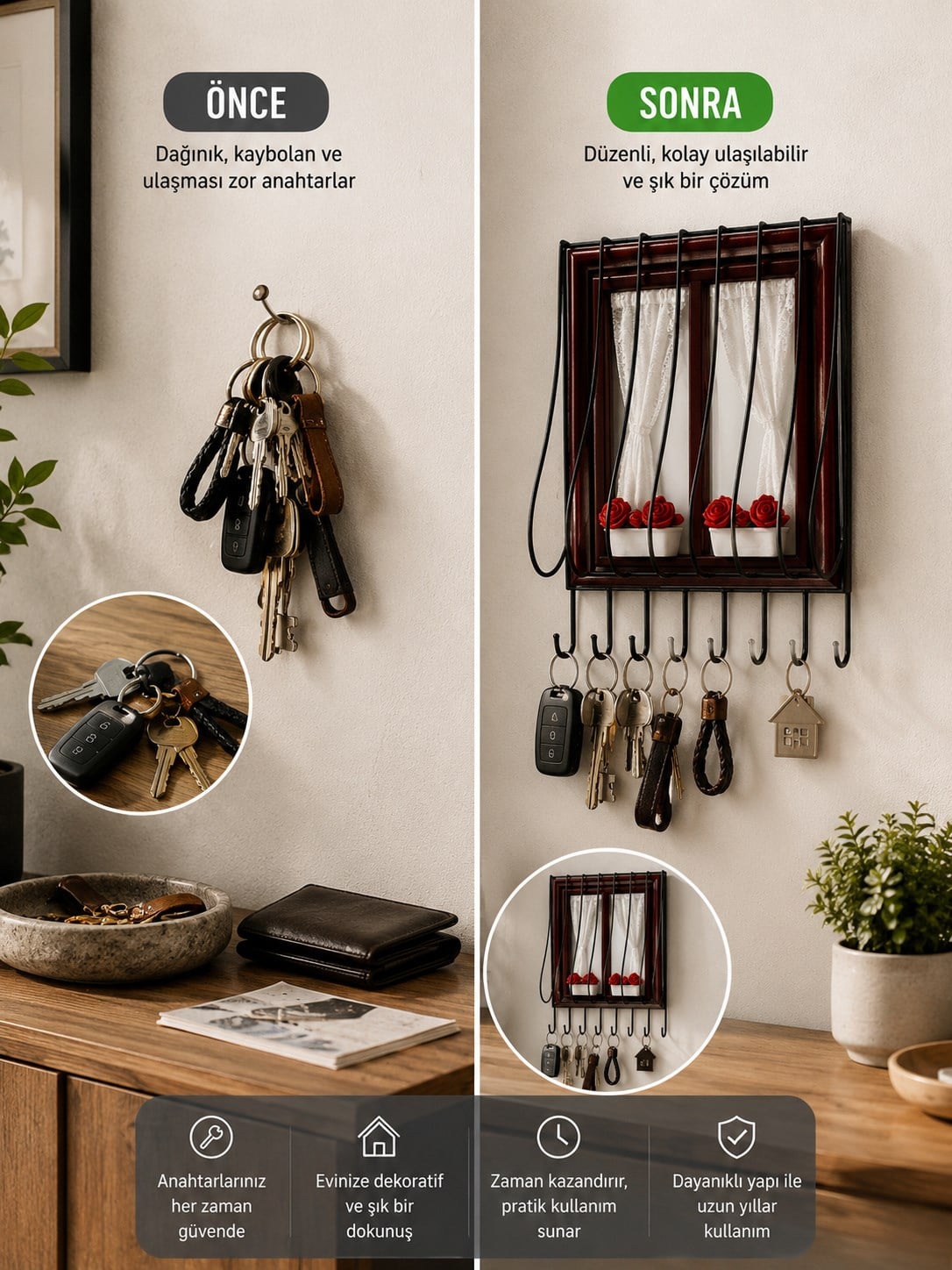 Kahverengi Ahşap Pencere Tasarımlı Duvar Tipi Anahtarlık Anahtar Askılığı Dekoratif Organizer