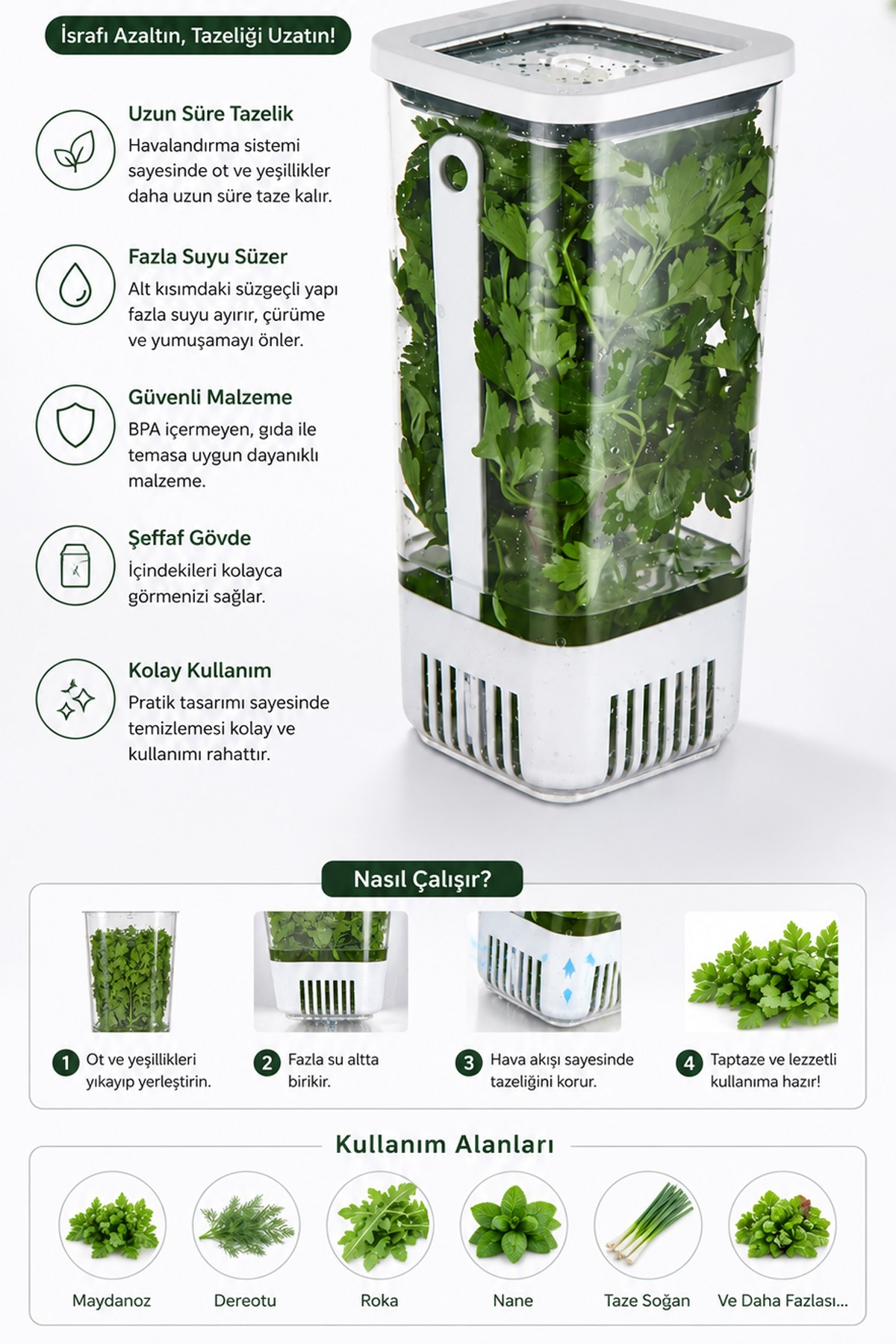 Kare Yeşillik Saklama Kabı 1700 ML Kapaklı Marul Maydanoz Taze Ot Saklama Kutusu VP-007