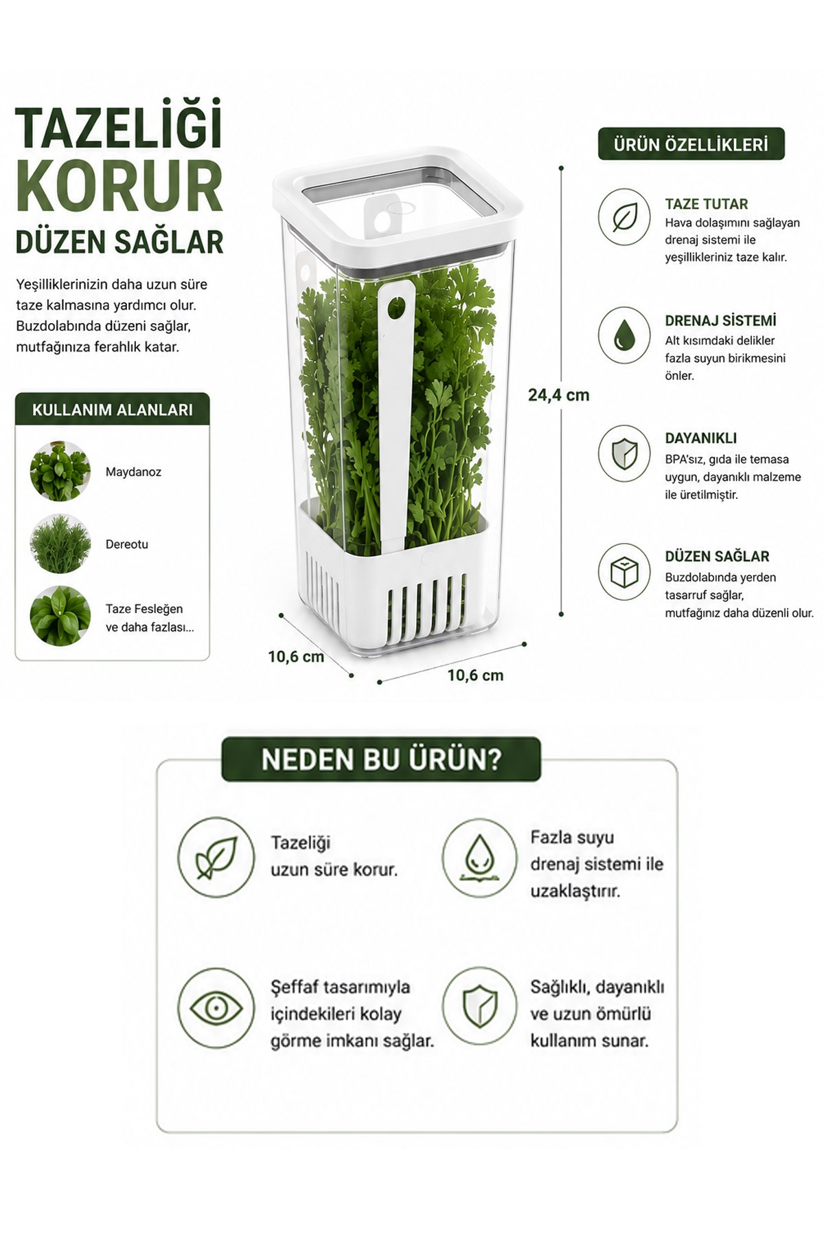 Kare Yeşillik Saklama Kabı 1700 ML Kapaklı Marul Maydanoz Taze Ot Saklama Kutusu VP-007
