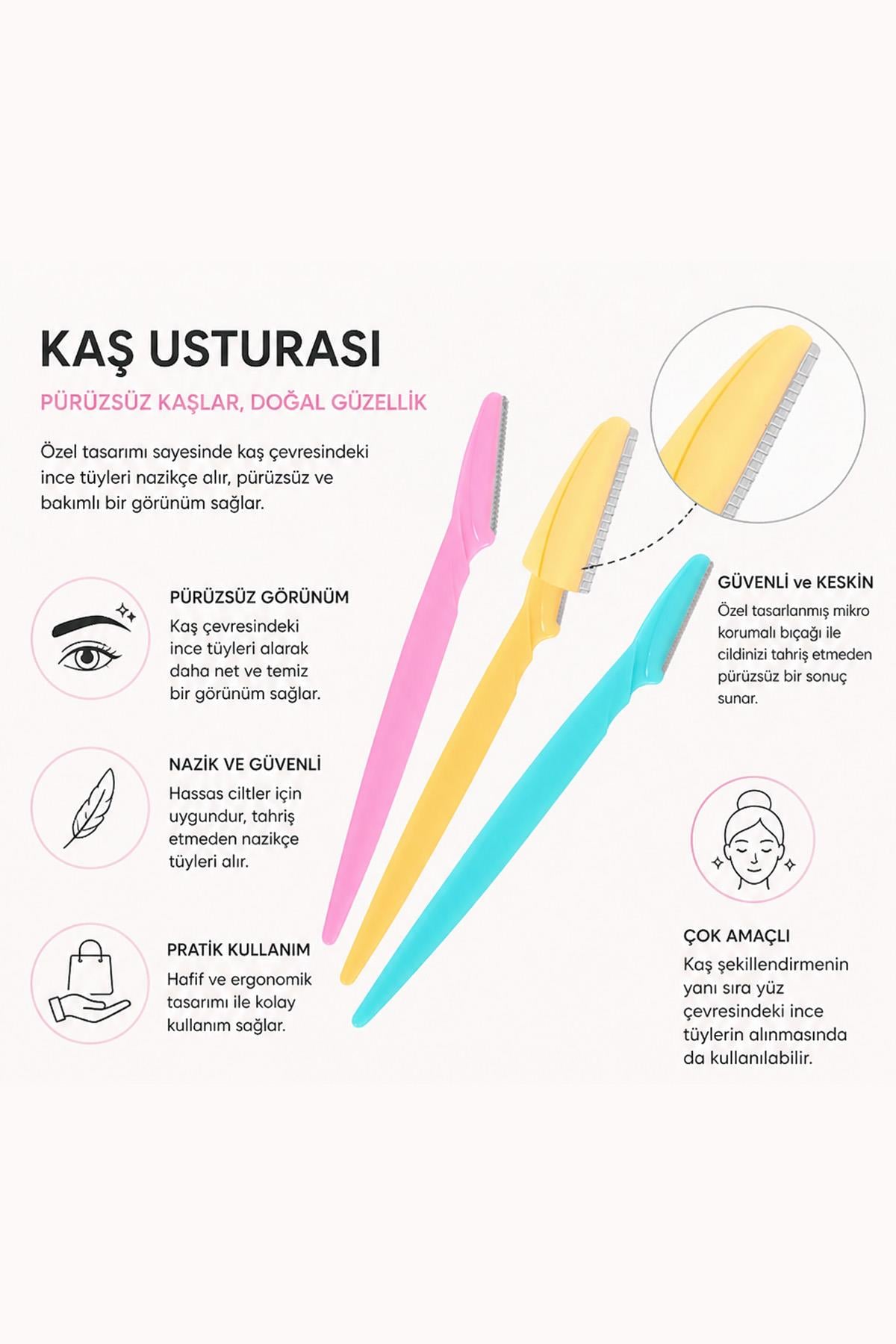 Kaş Usturası 3lü Set Hassas Tüy Alma Yüz Usturası Kaş Bıyık Düzeltme Aparatı Pratik