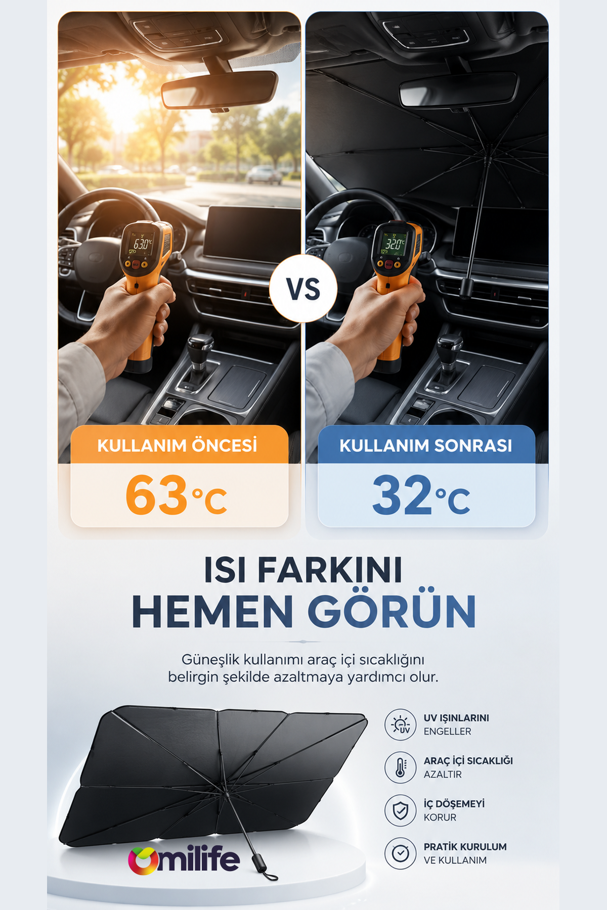 Katlanabilir Araç Ön Cam Güneşliği Şemsiye Tip Oto Güneş Koruyucu 130 x 70 cm