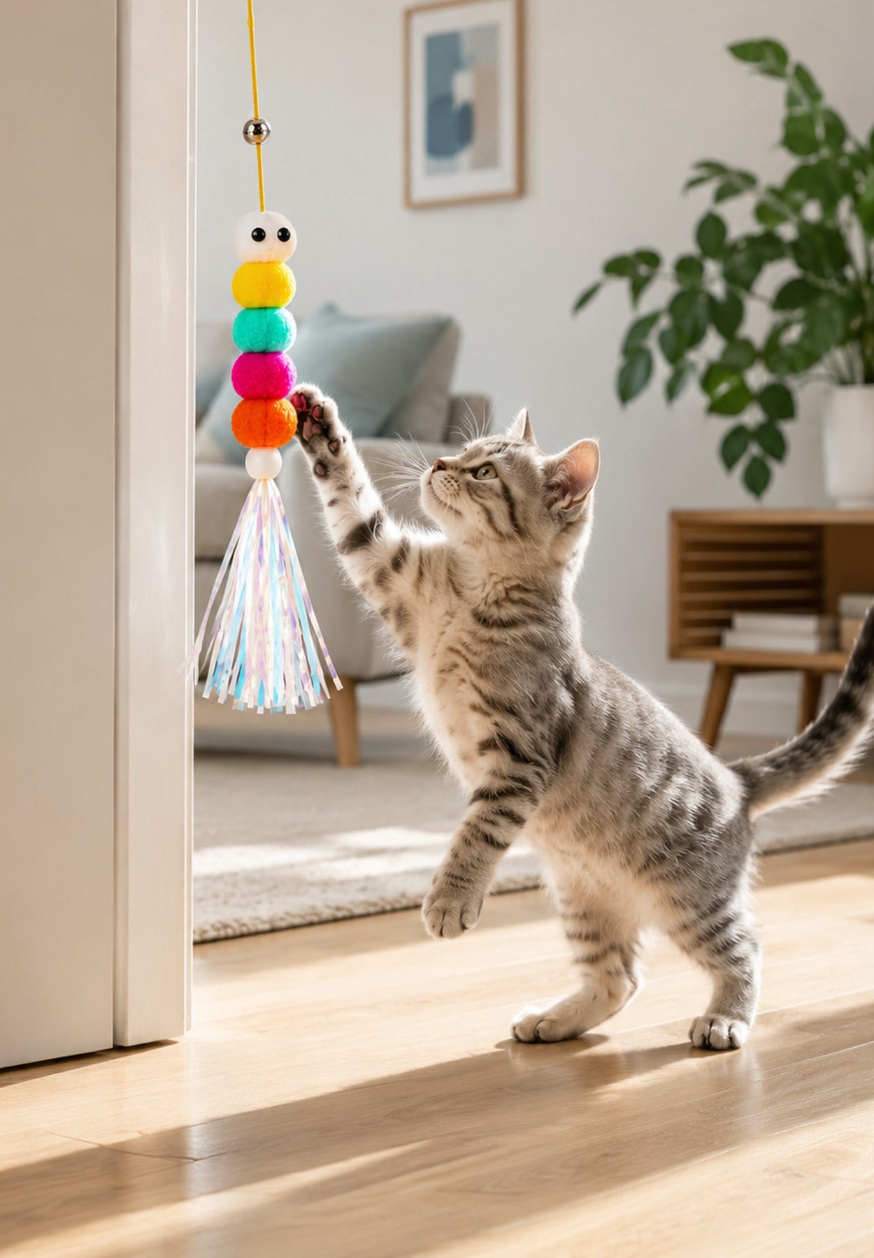 Kedi Oyuncağı Kapıya Asılan Zilli İnteraktif Kedi Oltası Vantuzlu Esnek İpli Oyuncak