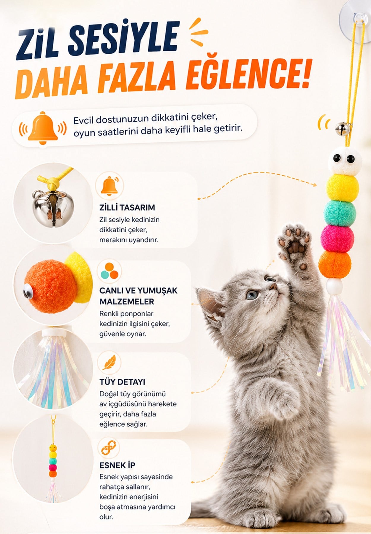 Kedi Oyuncağı Kapıya Asılan Zilli İnteraktif Kedi Oltası Vantuzlu Esnek İpli Oyuncak