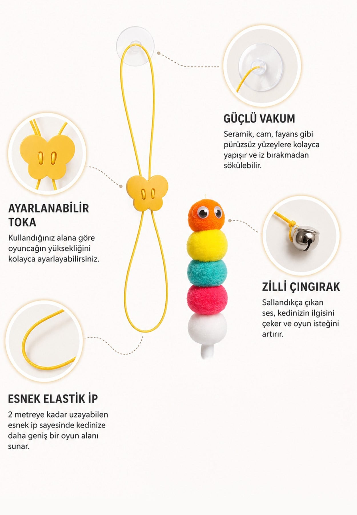 Kedi Oyuncağı Kapıya Asılan Zilli İnteraktif Kedi Oltası Vantuzlu Esnek İpli Oyuncak