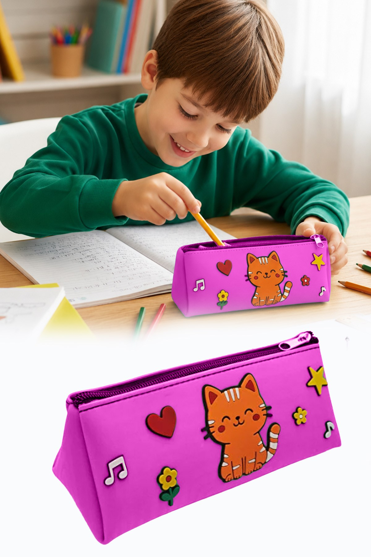 Kedi Tasarımlı PVC Kalem Kutusu – Dayanıklı Silikon Yapı, Çocuklar için Şık ve Pratik Okul Kalemlik