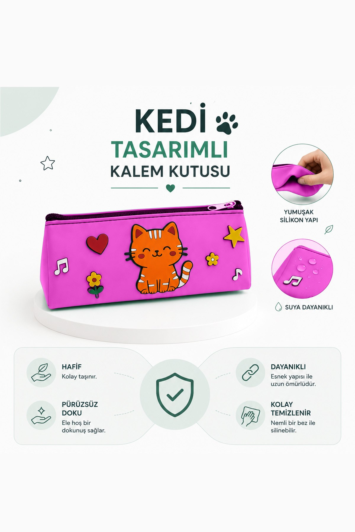 Kedi Tasarımlı PVC Kalem Kutusu – Dayanıklı Silikon Yapı, Çocuklar için Şık ve Pratik Okul Kalemlik