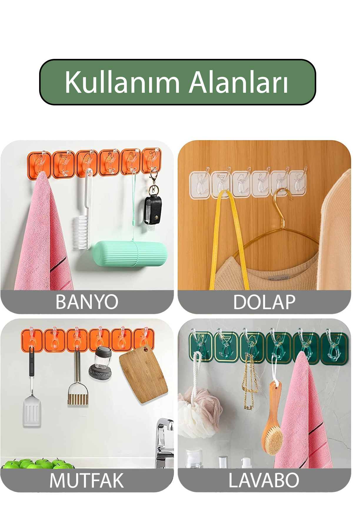 Kendinden Yapışkanlı 6 Kancalı Renkli Duvar Askısı Banyo ve Mutfak için Pratik Çözüm