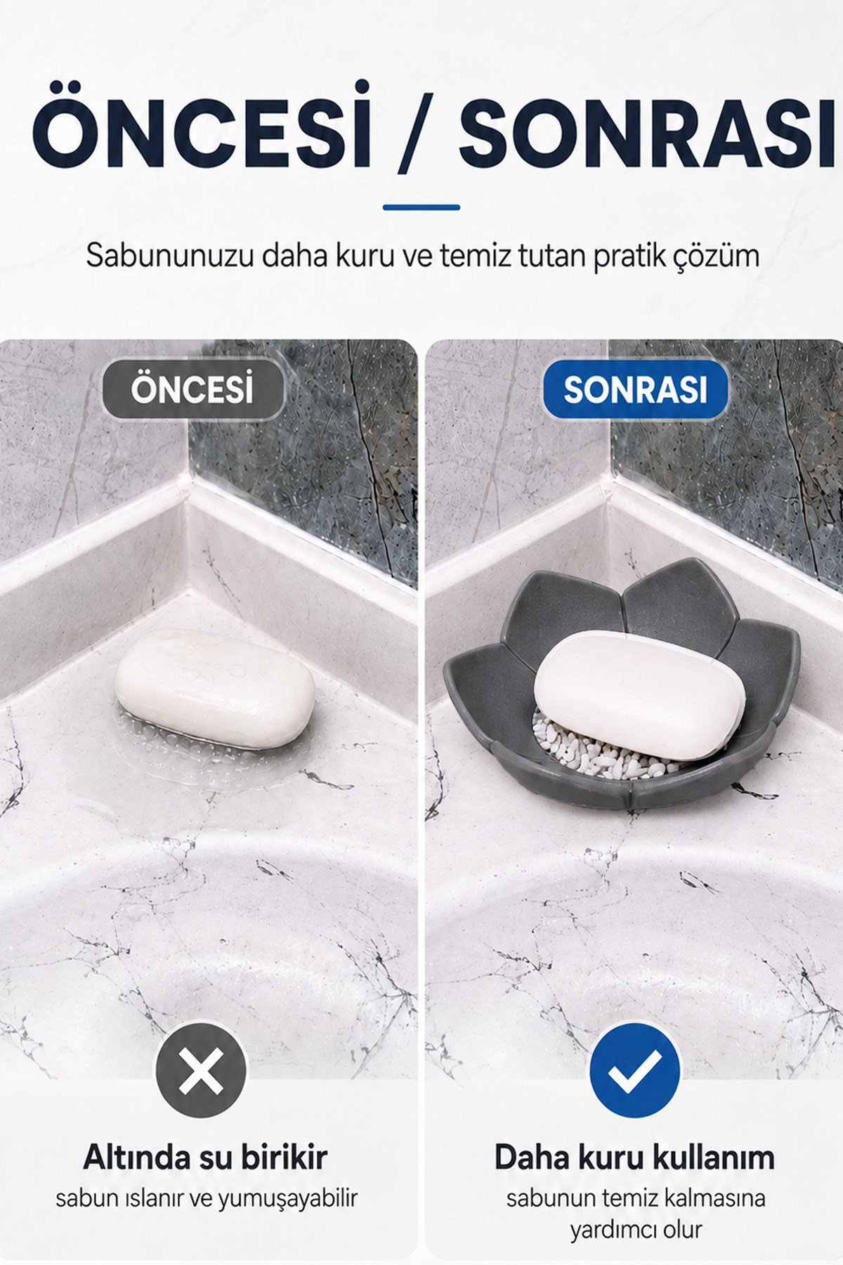 Lotus Desenli Gri Silikon Sabunluk Su Giderli Şık Sabun ve Sünger Tutacağı Aparatı