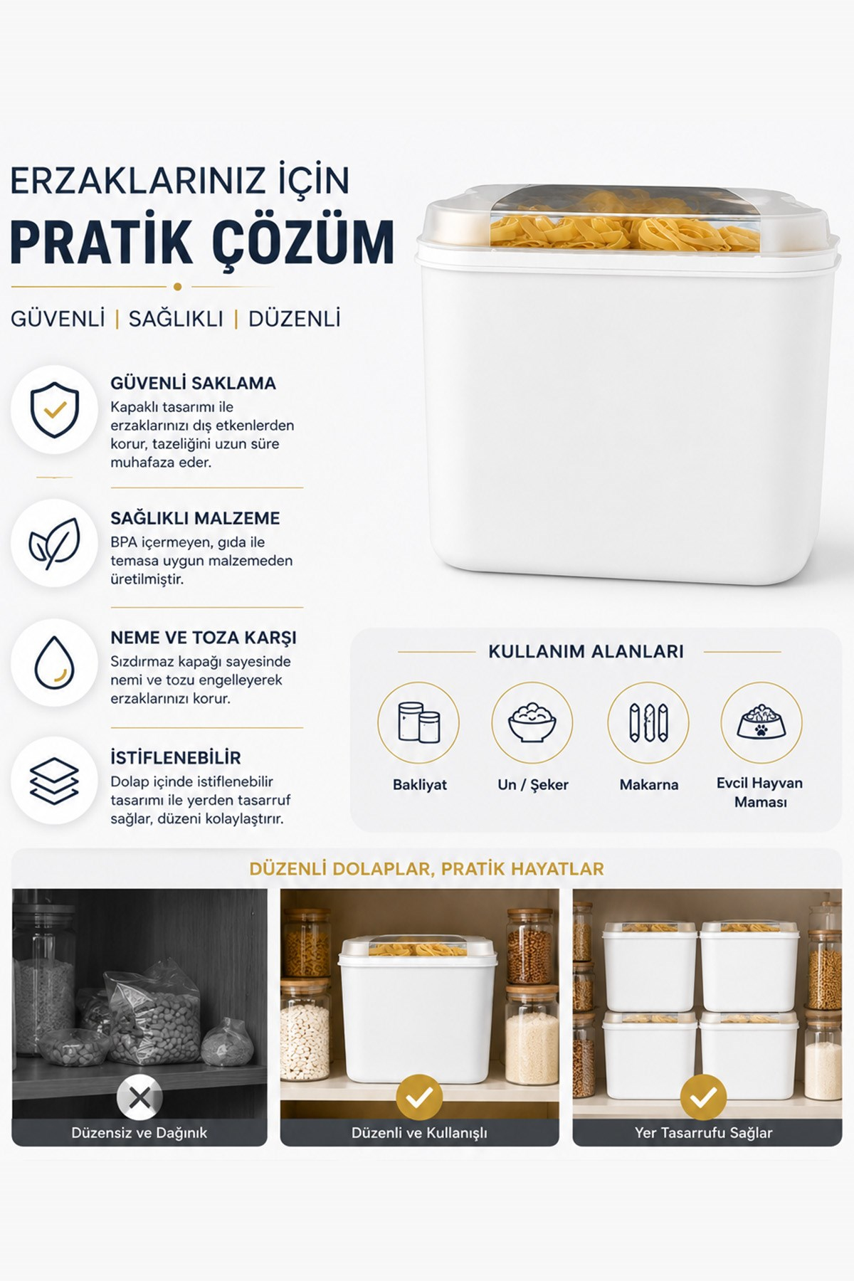 Masal Saklama Kabı Beyaz 10 Litre Un ve Bakliyat Saklama Kabı Kapaklı Erzak Düzenleyici VP-037