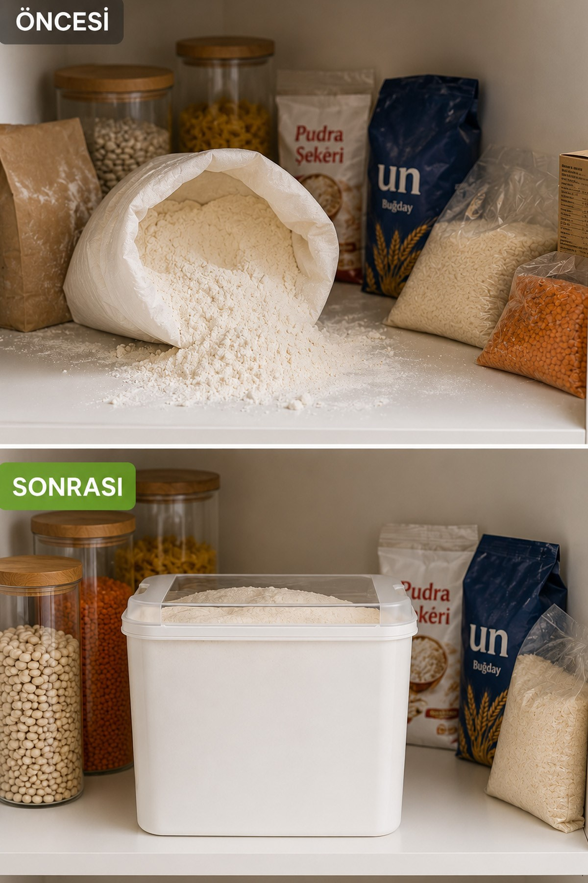 Masal Saklama Kabı Beyaz 10 Litre Un ve Bakliyat Saklama Kabı Kapaklı Erzak Düzenleyici VP-037
