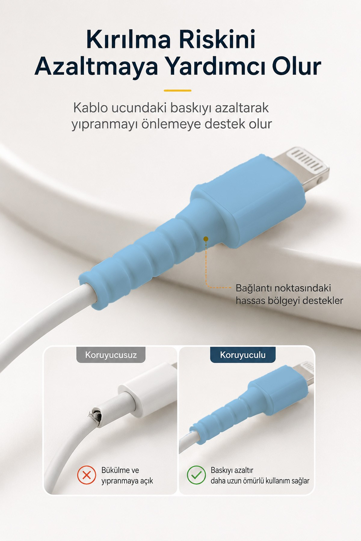 Mavi  Apple iPhone Kablo Ucu Koruyucu Silikon Lightning Şarj Kablosu Kırılma Önleyici Aparat