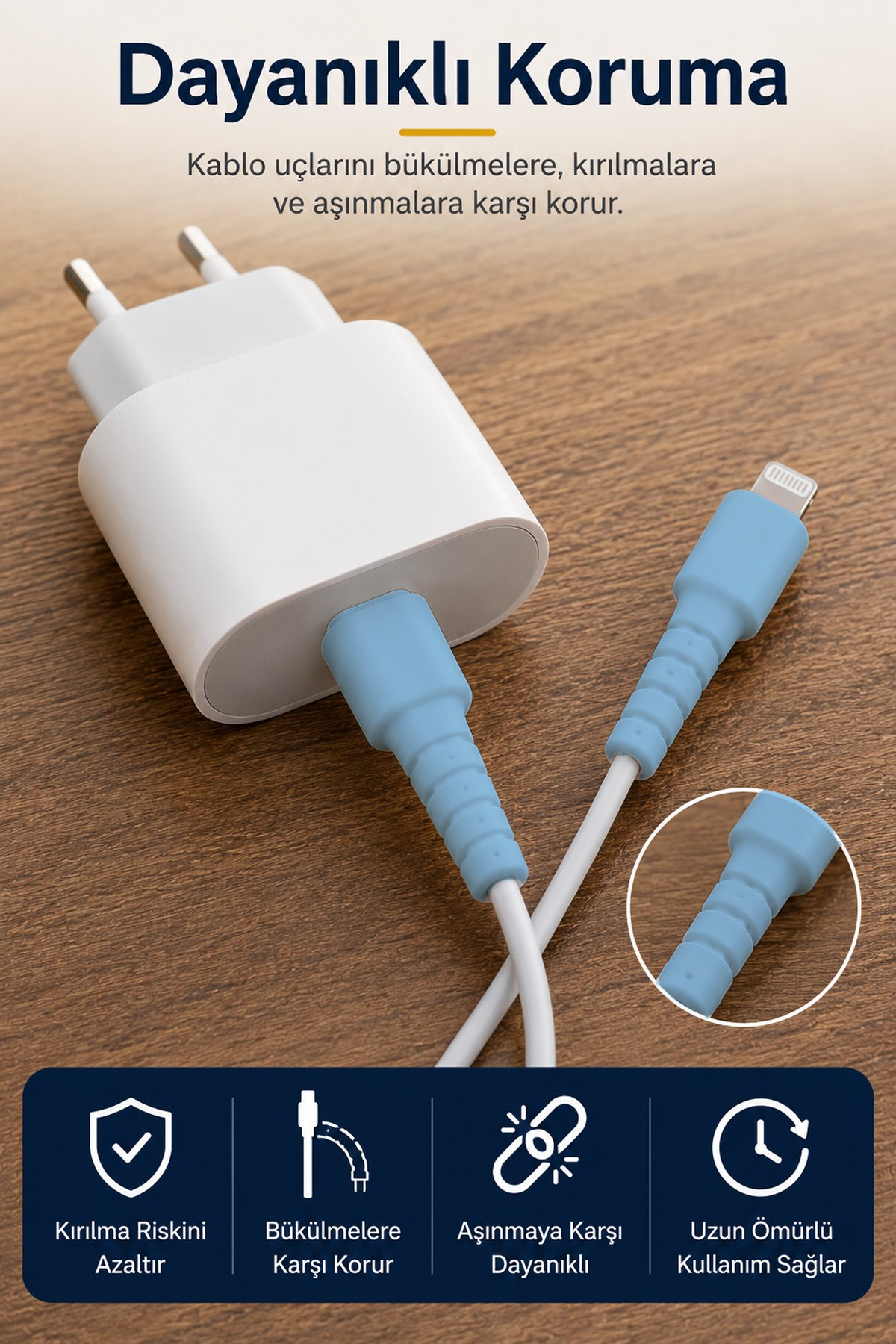 Mavi  Apple iPhone Kablo Ucu Koruyucu Silikon Lightning Şarj Kablosu Kırılma Önleyici Aparat