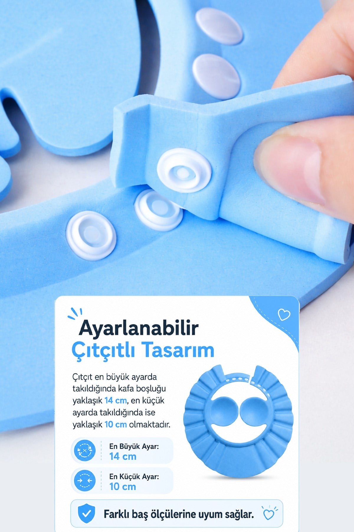 Mavi Ayarlanabilir Bebek Banyo Şapkası Yenidoğan Duş Bonesi Göz Kulak Koruyucu 31 cm