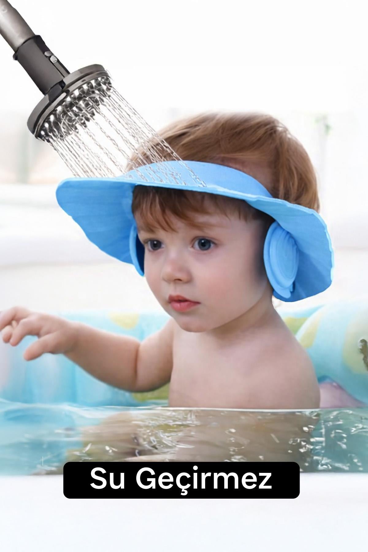 Mavi Renk Bebek Banyo Şapkası Kulak Koruyucu Düğmeli Ayarlanabilir Duş Bonesi Göz ve Kulak Koruma Şapkası