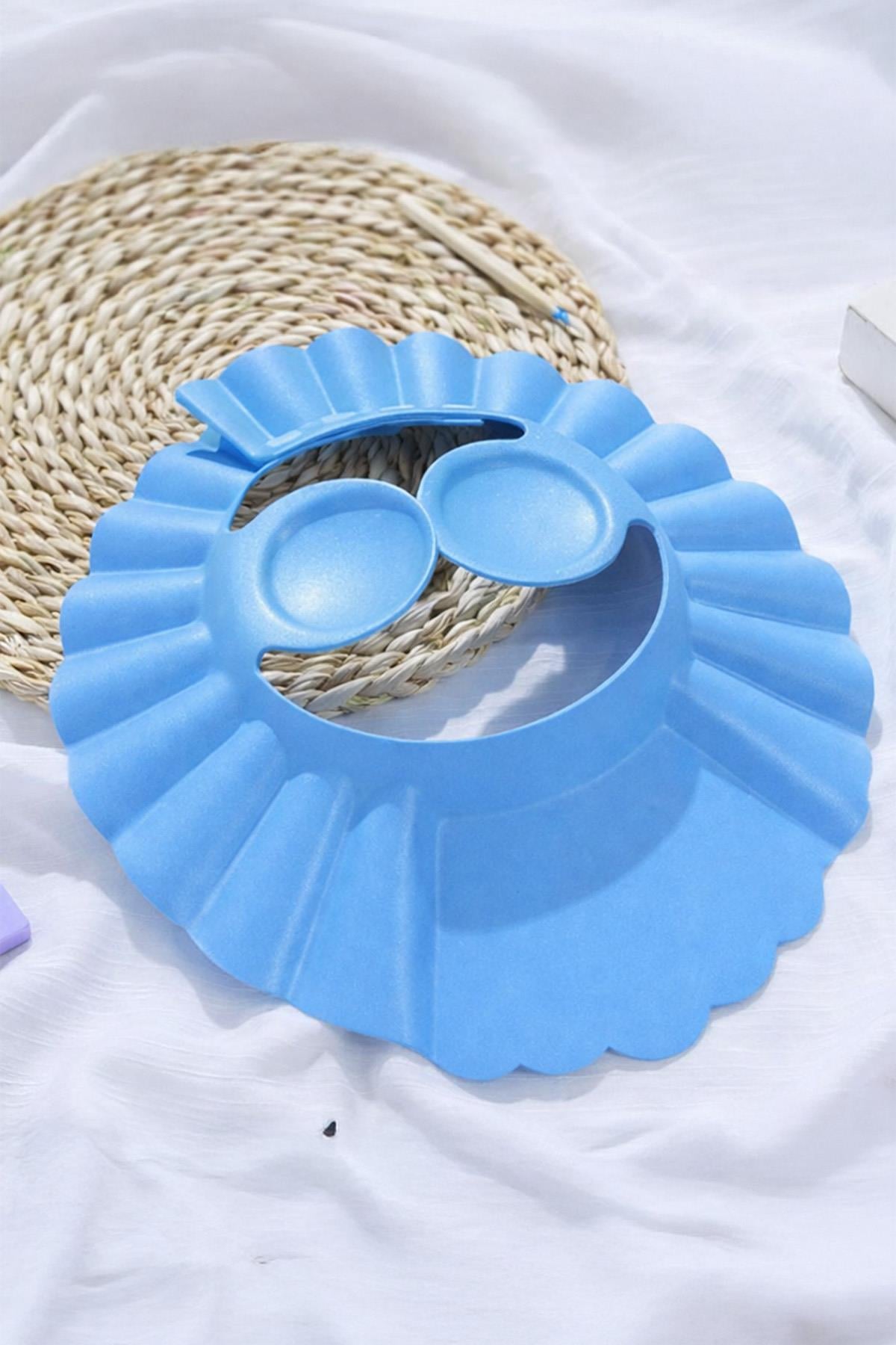 Mavi Renk Bebek Banyo Şapkası Kulak Koruyucu Düğmeli Ayarlanabilir Duş Bonesi Göz ve Kulak Koruma Şapkası