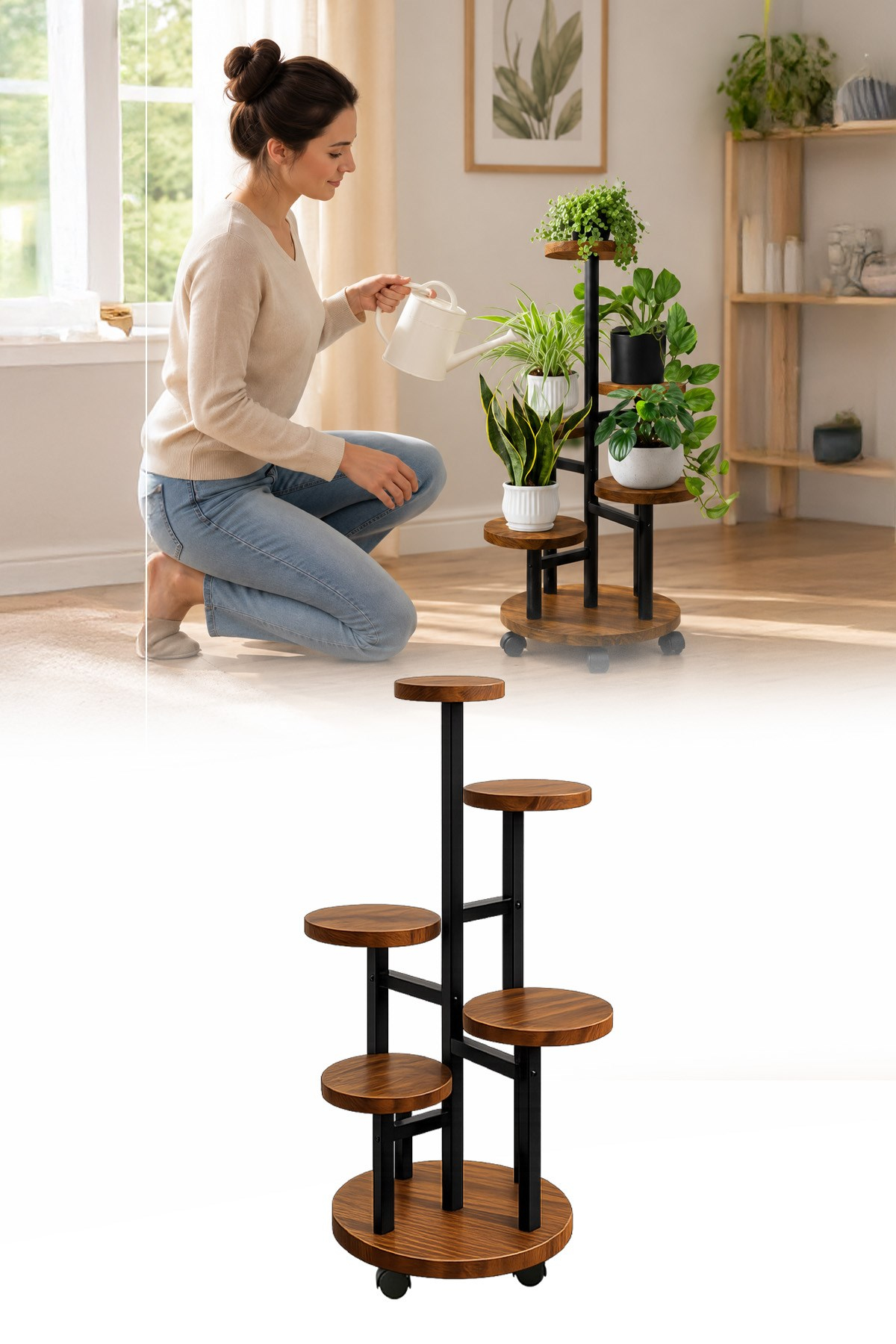 Metal 5 Katlı Tekerlekli Çiçeklik Saksılık Daire Model Dekoratif Bitki Rafı