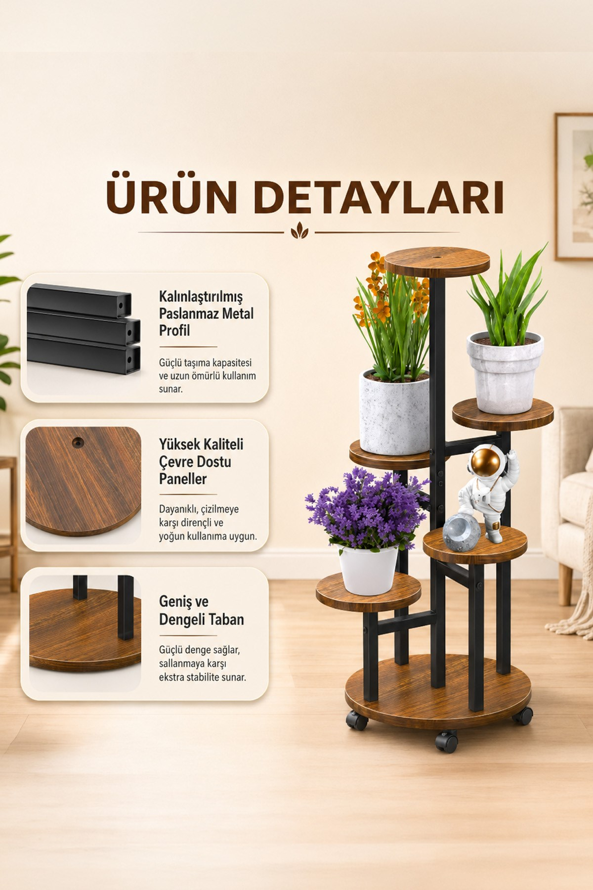Metal 5 Katlı Tekerlekli Çiçeklik Saksılık Daire Model Dekoratif Bitki Rafı