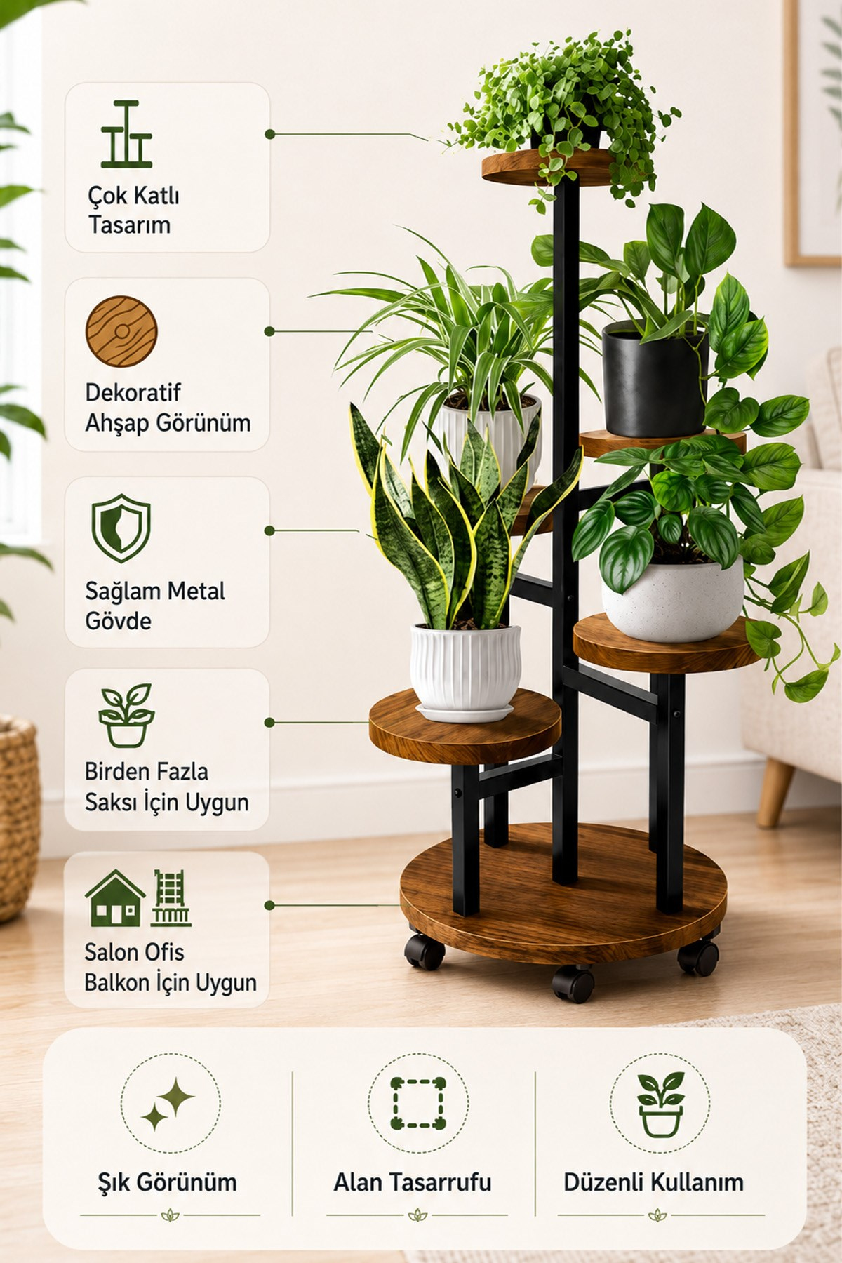 Metal 5 Katlı Tekerlekli Çiçeklik Saksılık Daire Model Dekoratif Bitki Rafı