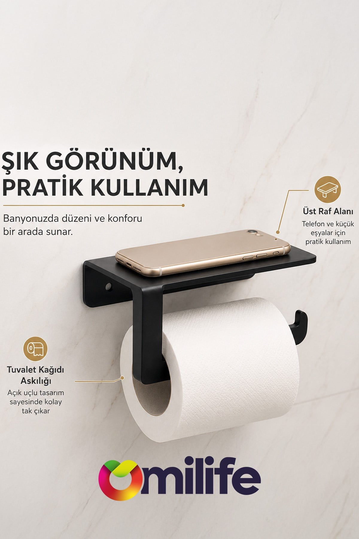 Metal Raflı Tuvalet Kağıtlığı Siyah WC Kağıtlığı Raflı Tuvalet Kağıdı Askısı