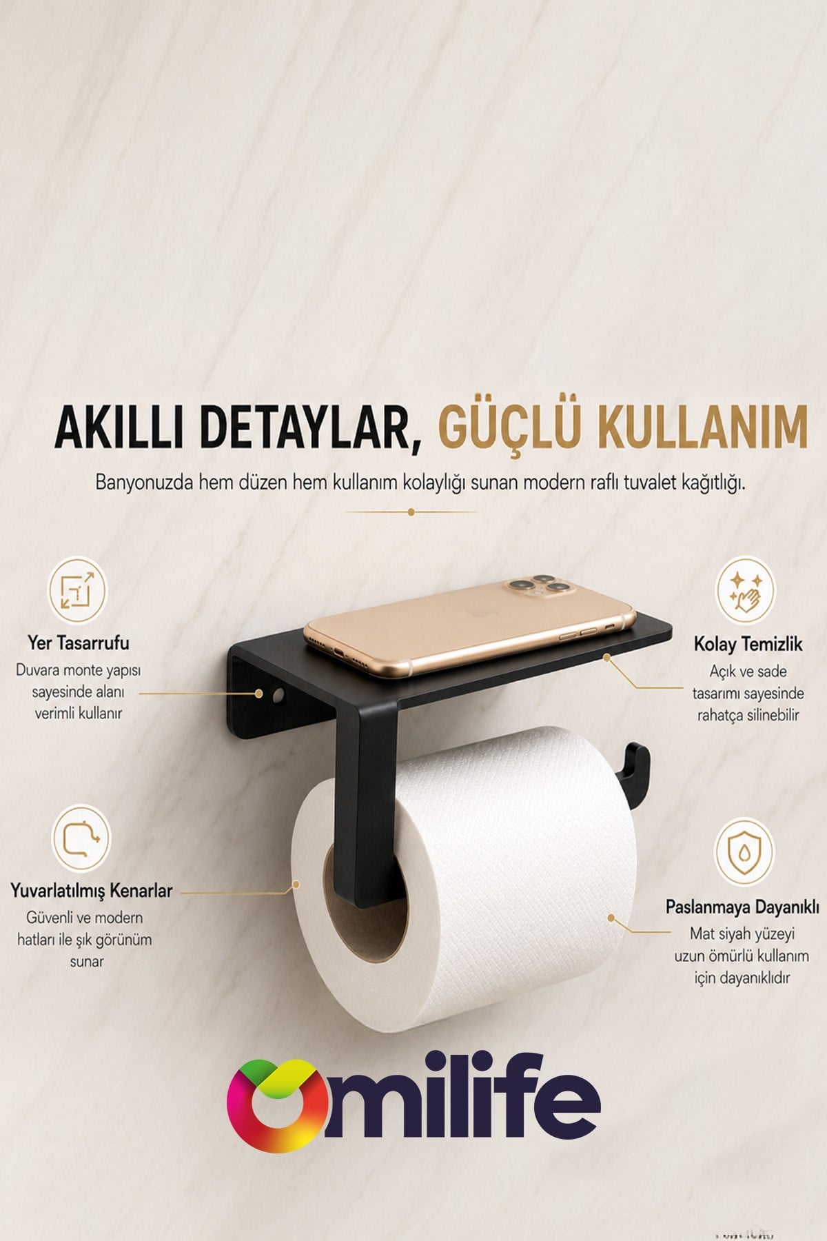 Metal Raflı Tuvalet Kağıtlığı Siyah WC Kağıtlığı Raflı Tuvalet Kağıdı Askısı