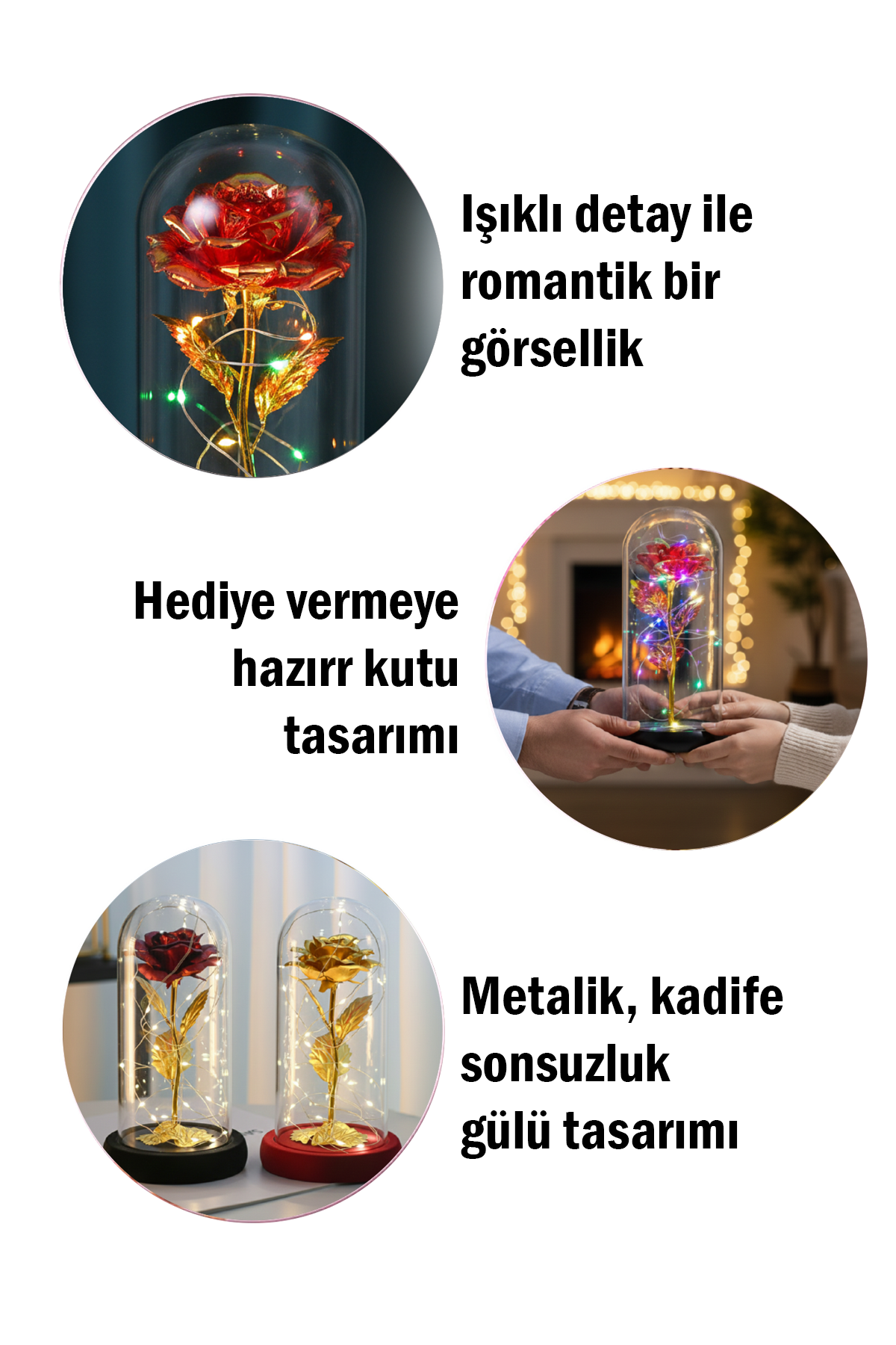 Metalik Kadife Sonsuzluk Gülü Işıklı Şeffaf Kutulu Dekoratif Gül Aranjmanı Hediye Kutusu İçerisinde Romantik ve Şık Görünümlü Ömürlük Yapay Gül Aksesuarı Sevgililer Günü ve Özel Günler İçin