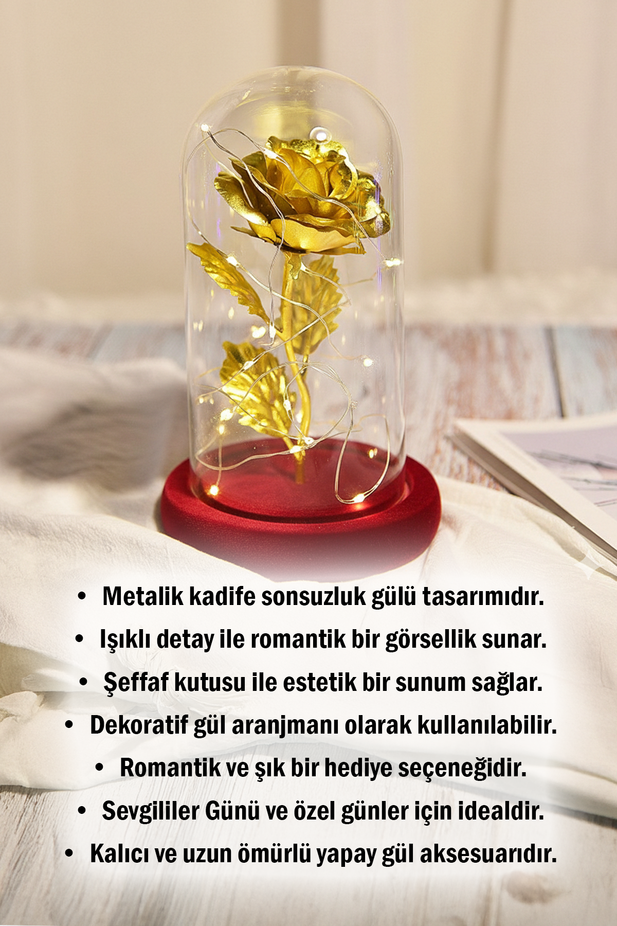 Metalik Kadife Sonsuzluk Gülü Işıklı Şeffaf Kutulu Dekoratif Gül Aranjmanı Hediye Kutusu İçerisinde Romantik ve Şık Görünümlü Ömürlük Yapay Gül Aksesuarı Sevgililer Günü ve Özel Günler İçin