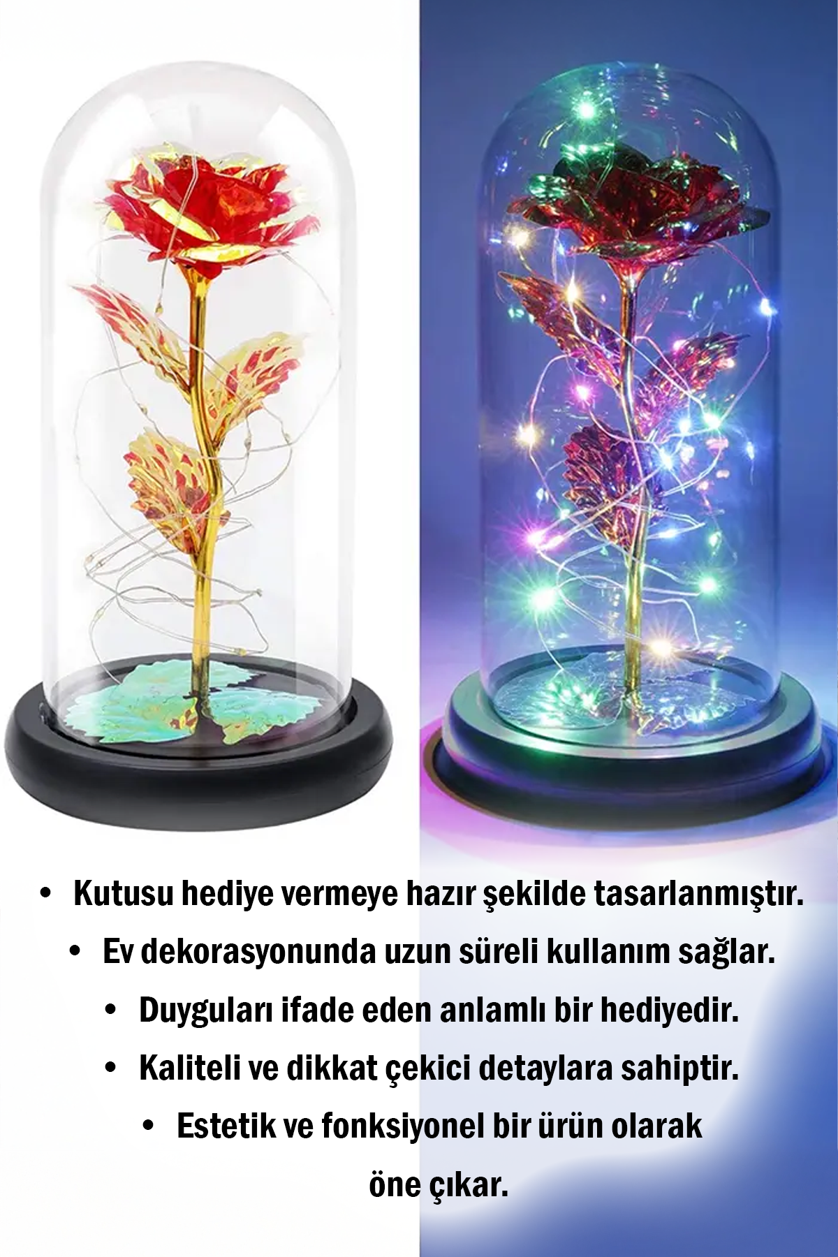 Metalik Kadife Sonsuzluk Gülü Işıklı Şeffaf Kutulu Dekoratif Gül Aranjmanı Hediye Kutusu İçerisinde Romantik ve Şık Görünümlü Ömürlük Yapay Gül Aksesuarı Sevgililer Günü ve Özel Günler İçin