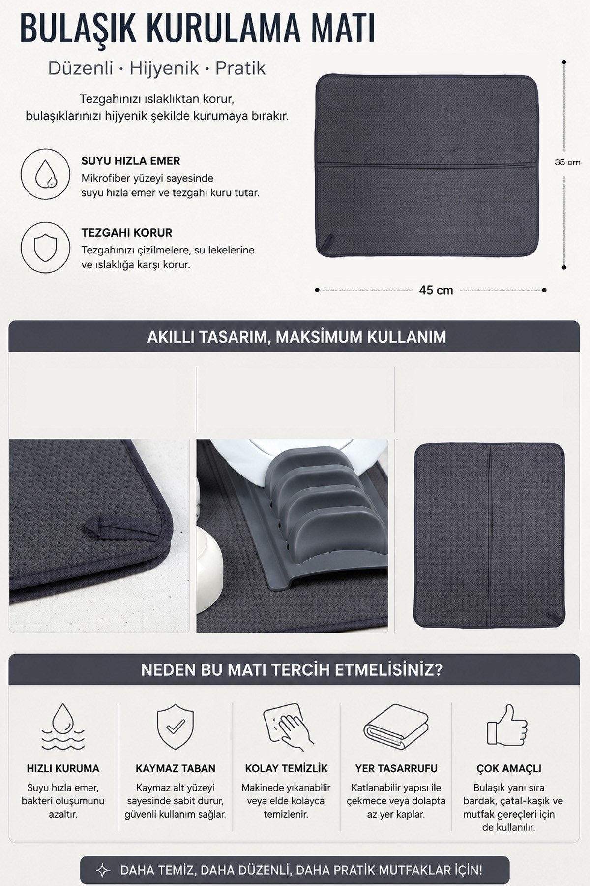 Mikrofiber Bulaşık Kurulama Matı Süper Emici Tezgah Üstü Bulaşıklık Kurutma Örtüsü 45x36 CM