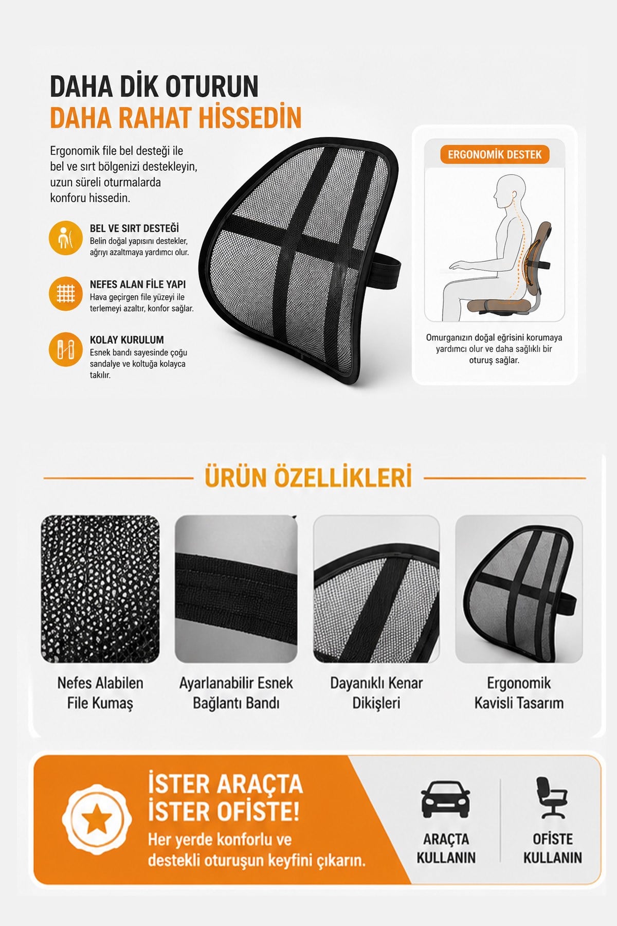 Ortopedik Bel Destek Yastığı Ofis Sandalyesi Bel Desteği Ergonomik Fileli Terletmeyen Kamburluk önleyici Bel Minderi