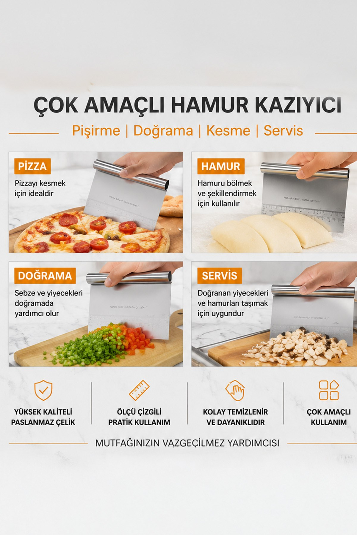 Paslanmaz Çelik Hamur Kesici Kazıyıcı Spatula Pizza Ekmek Hamuru Bölücü Ölçülü