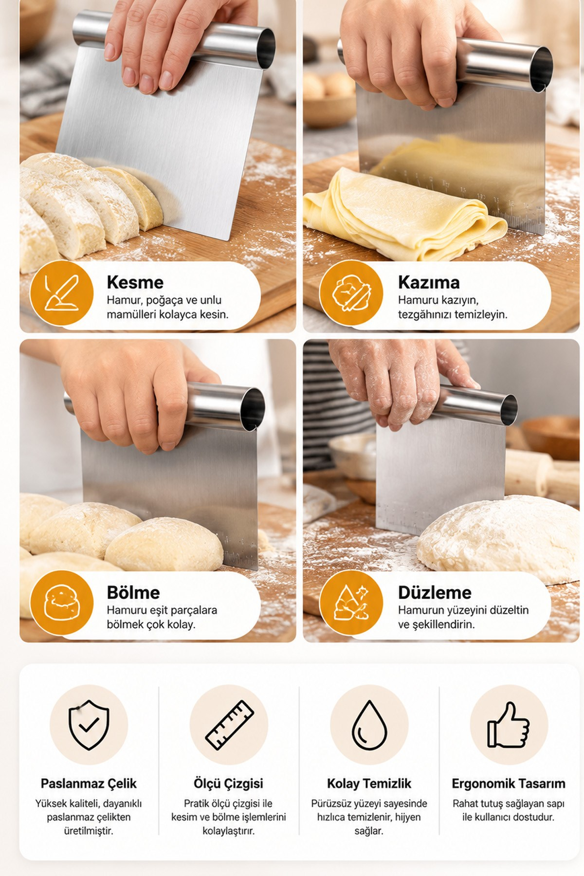 Paslanmaz Çelik Hamur Kesici Kazıyıcı Spatula Pizza Ekmek Hamuru Bölücü Ölçülü