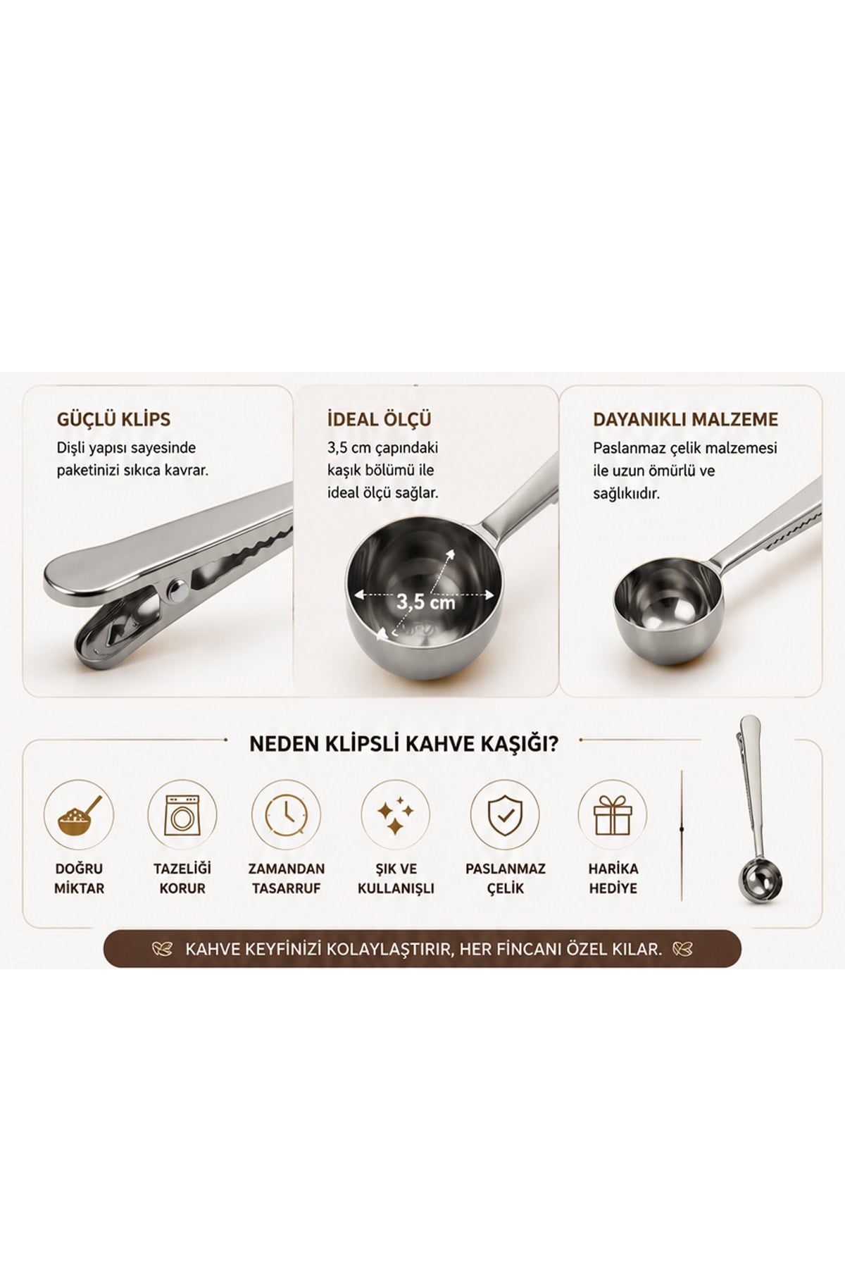 Paslanmaz Çelik Kahve Ölçü Kaşığı Paket Klipsli Çay Bitki Çayı Kahve Kaşığı