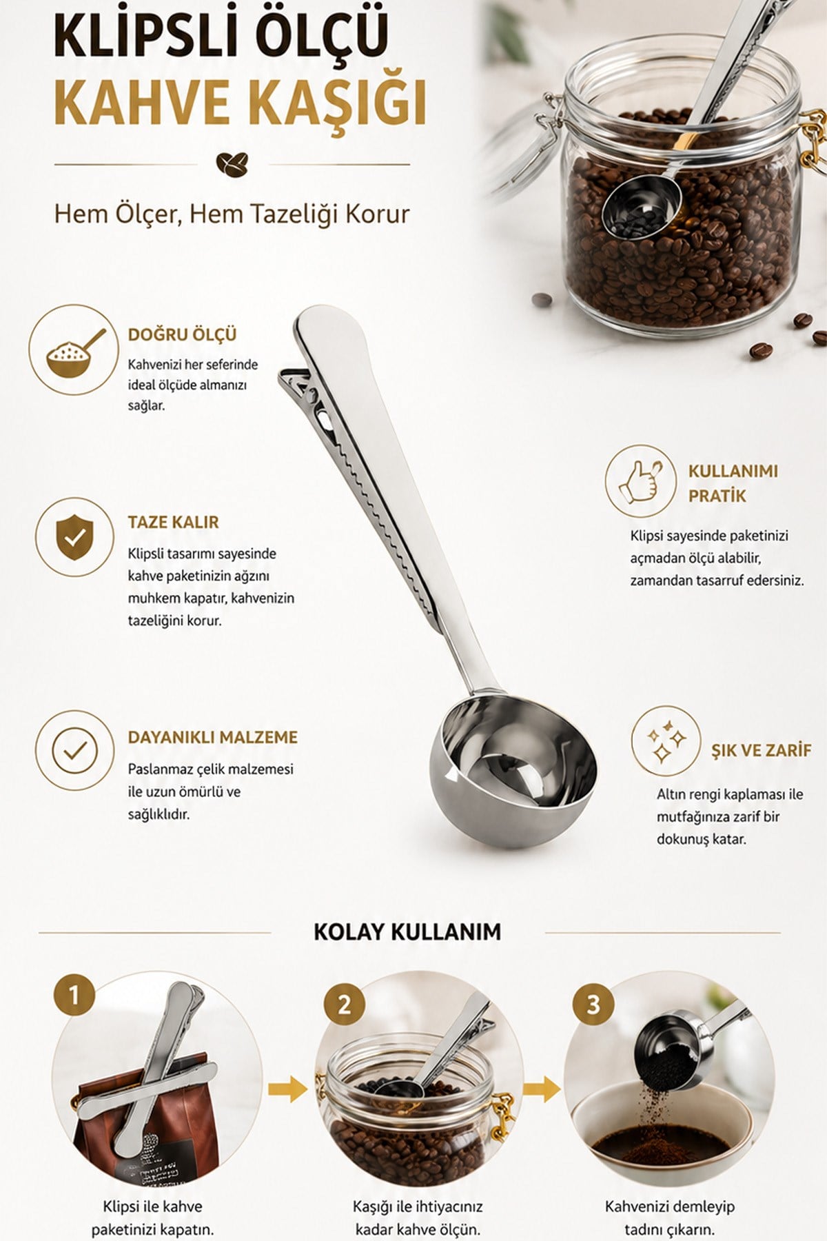 Paslanmaz Çelik Kahve Ölçü Kaşığı Paket Klipsli Çay Bitki Çayı Kahve Kaşığı