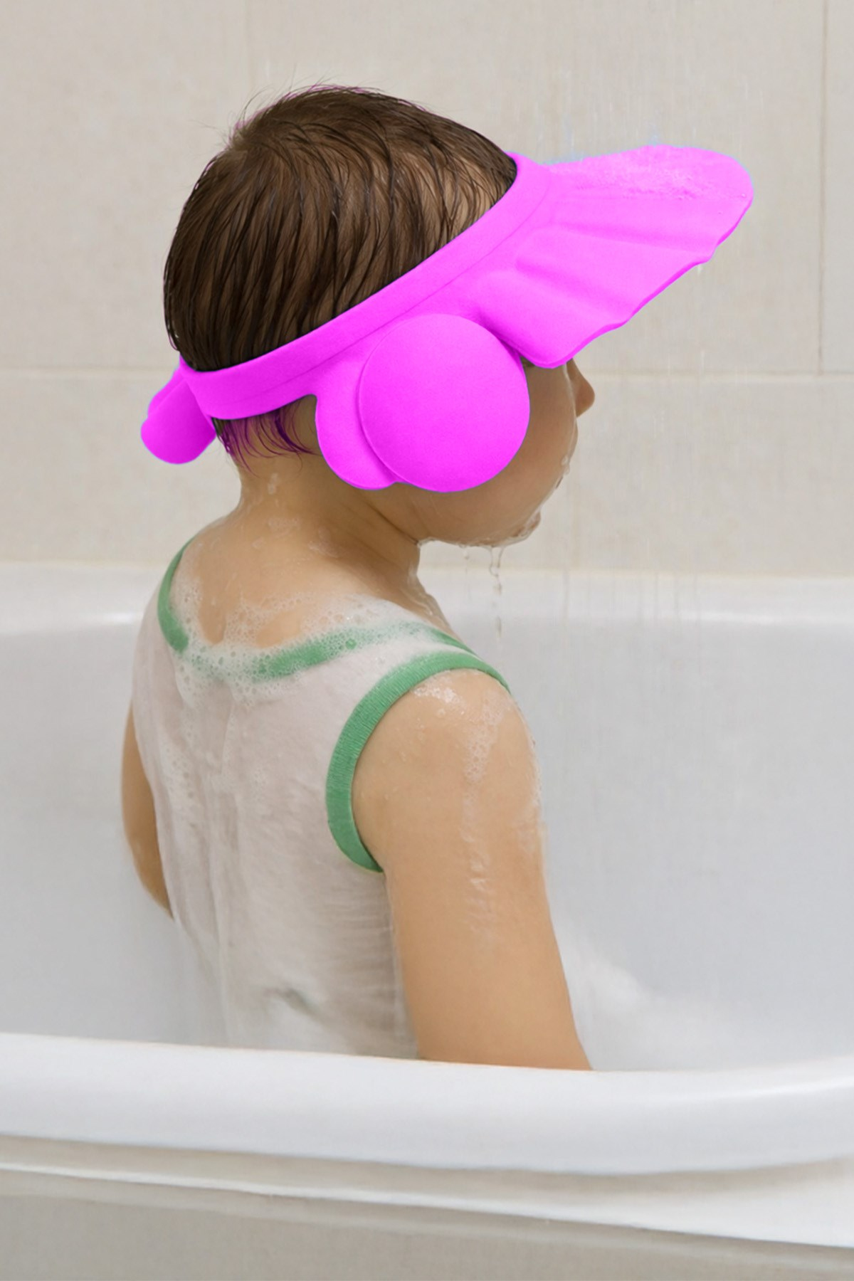 Pembe Ayarlanabilir Bebek Banyo Şapkası Yenidoğan Duş Bonesi Göz Kulak Koruyucu 29 cm