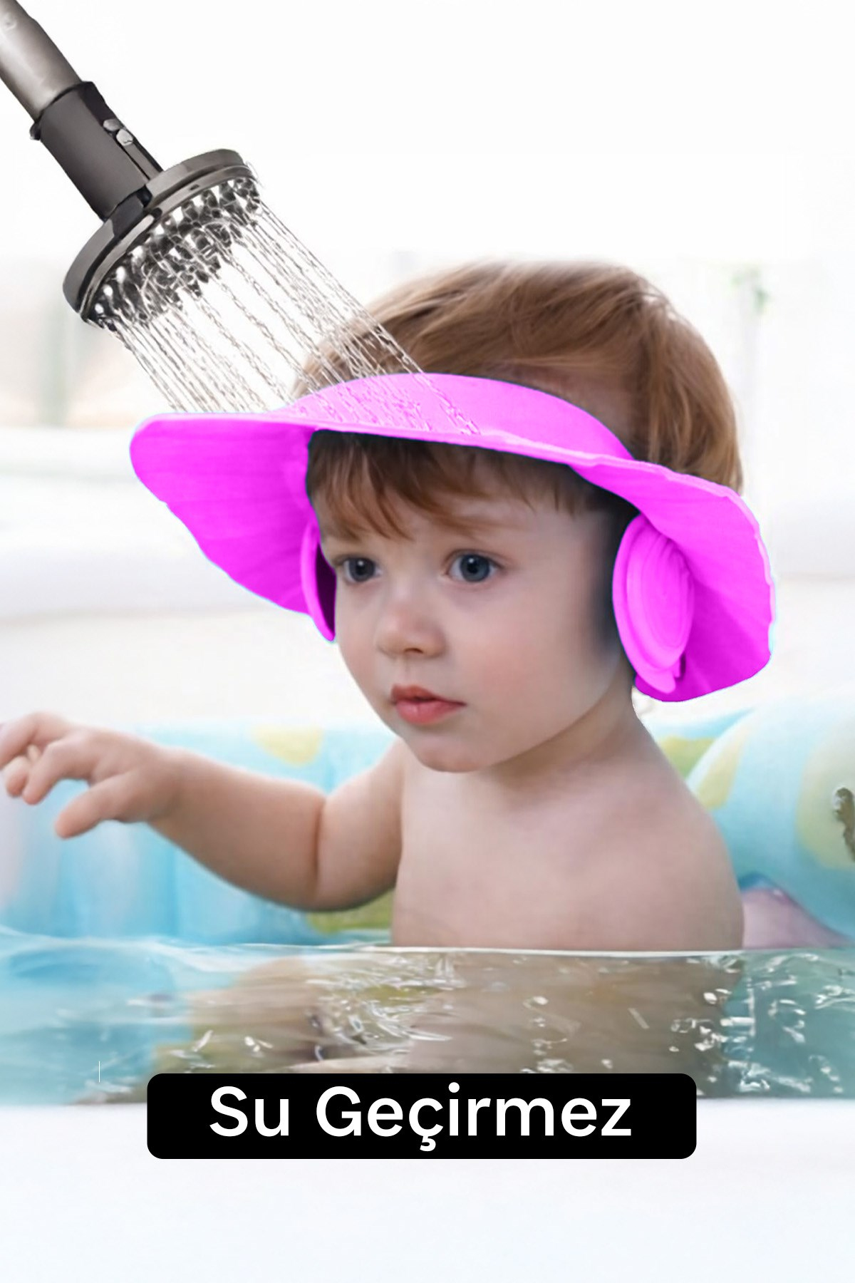 Pembe Ayarlanabilir Bebek Banyo Şapkası Yenidoğan Duş Bonesi Göz Kulak Koruyucu 29 cm