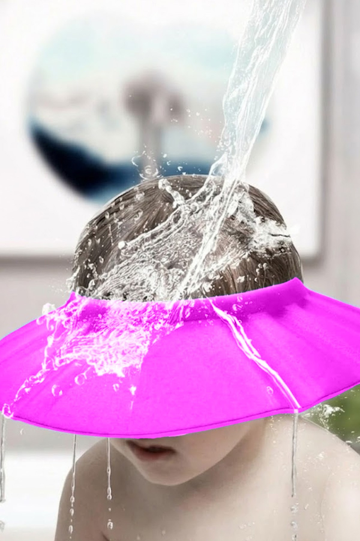Pembe Ayarlanabilir Bebek Banyo Şapkası Yenidoğan Duş Bonesi Göz Kulak Koruyucu 29 cm