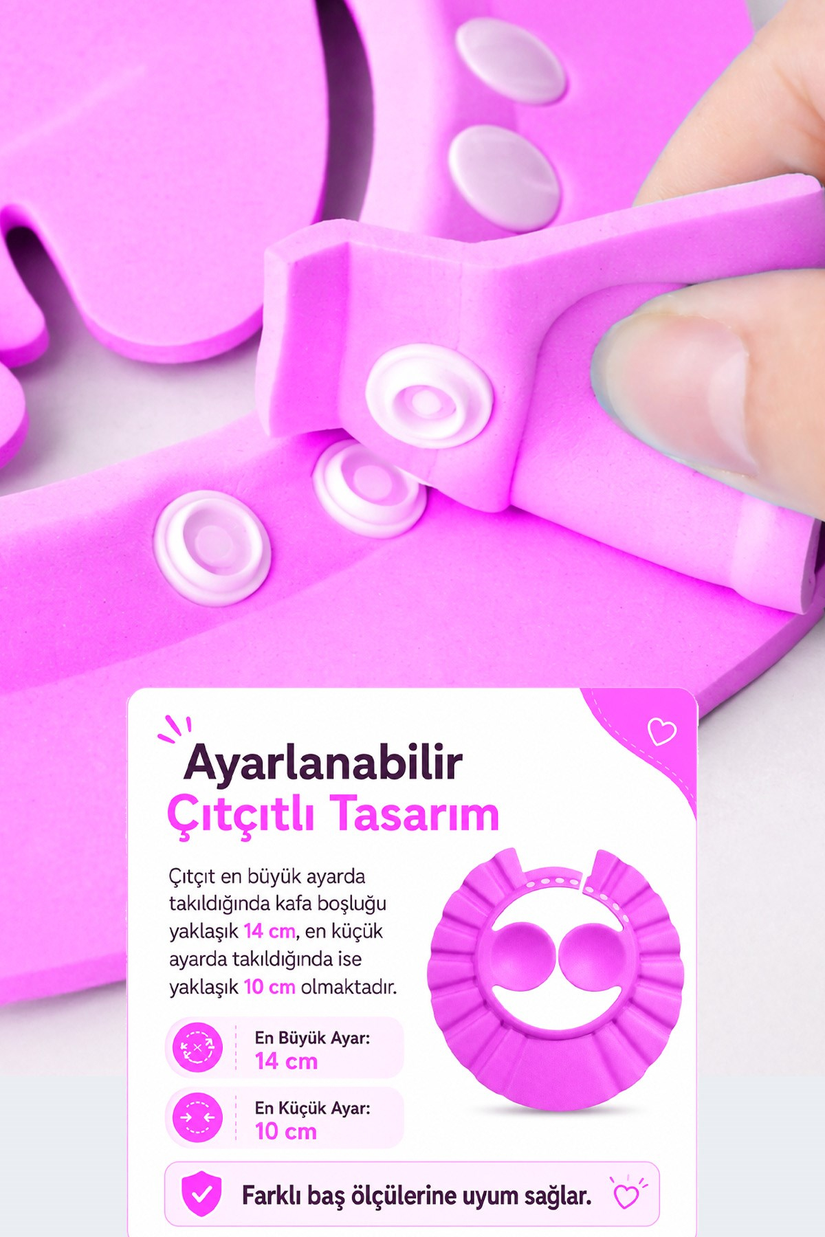 Pembe Ayarlanabilir Bebek Banyo Şapkası Yenidoğan Duş Bonesi Göz Kulak Koruyucu 29 cm
