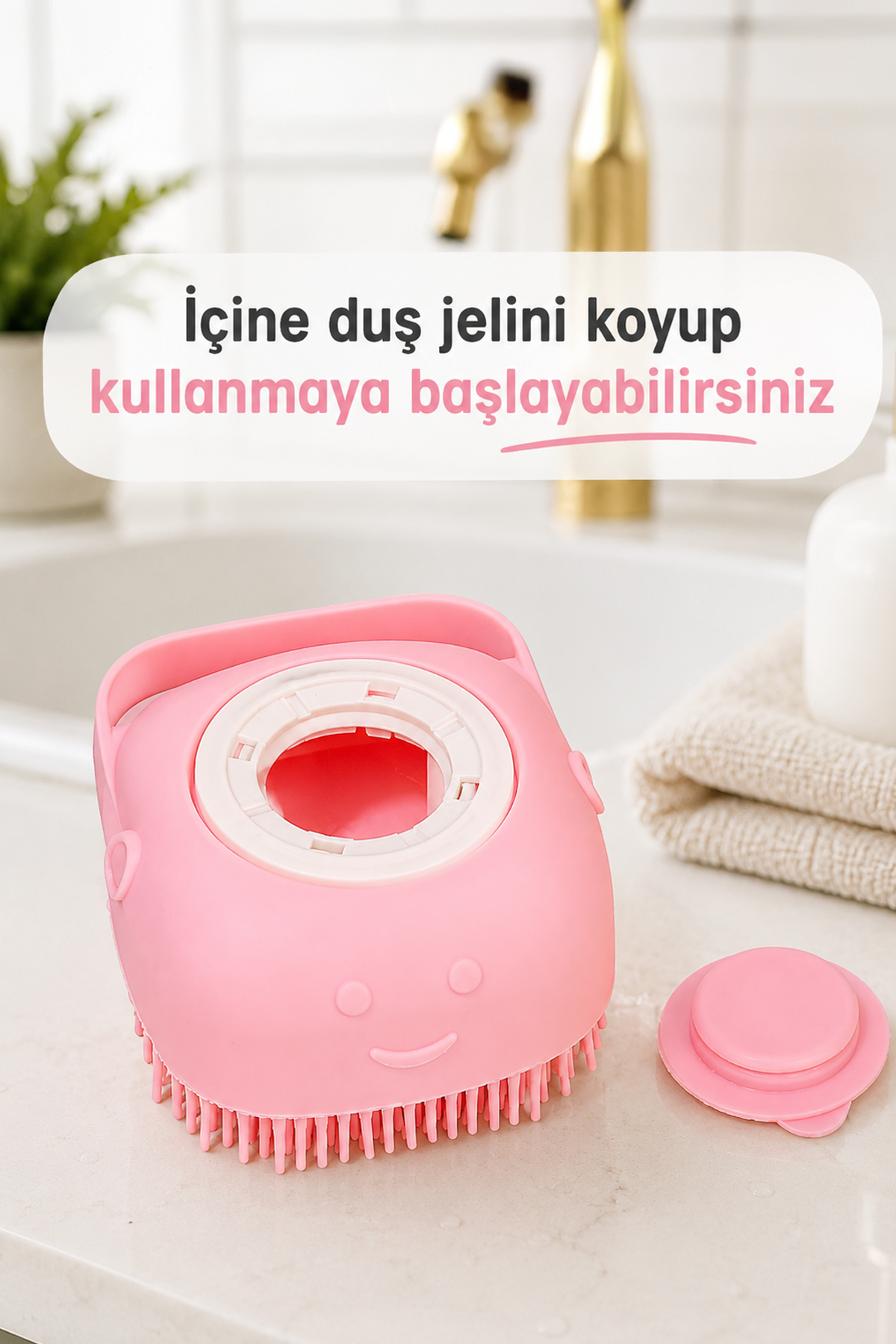 Pembe Yumuşak Silikon Duş Masaj Süngeri Jel Hazneli Banyo Kese Lifi Esnek Temizlik Aparatı