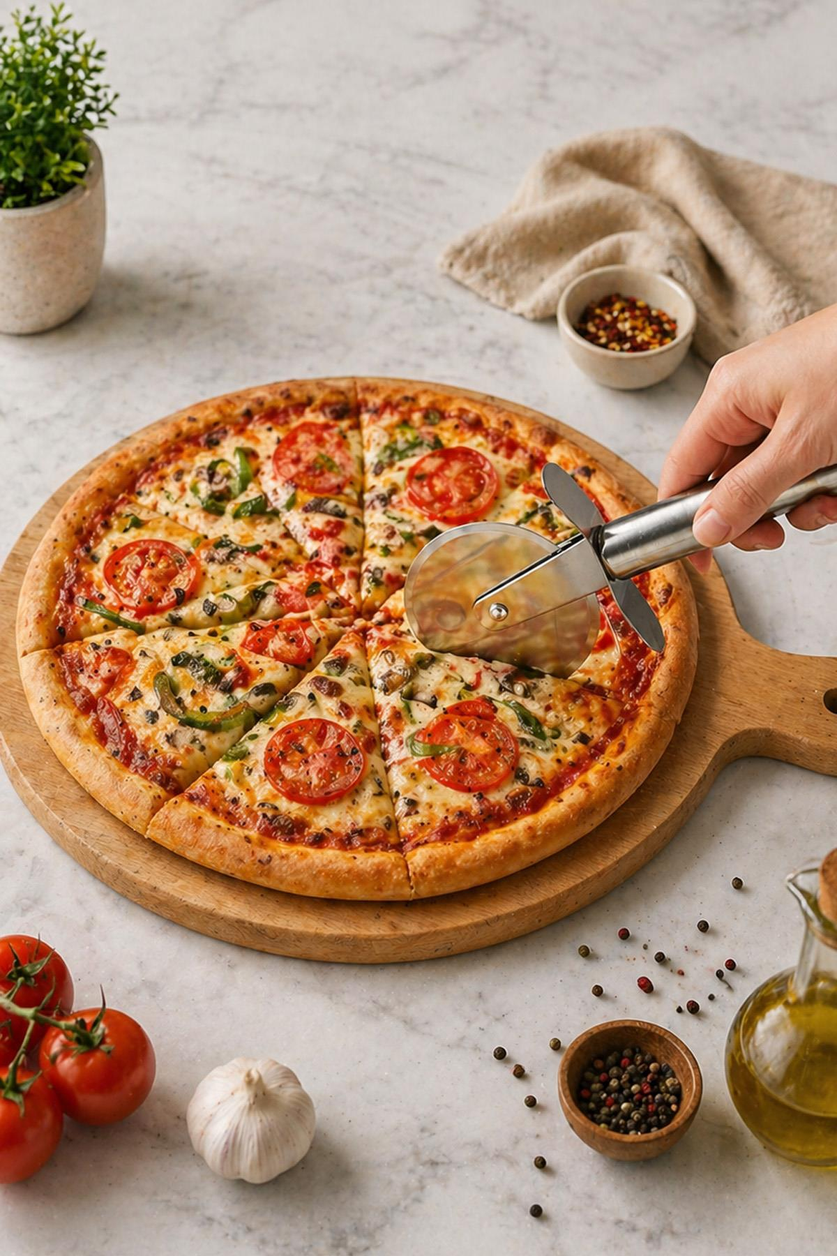 Pizza Kesici Paslanmaz Çelik Metal Saplı Yuvarlak Bıçak Dilimleme Aparatı Ergonomik