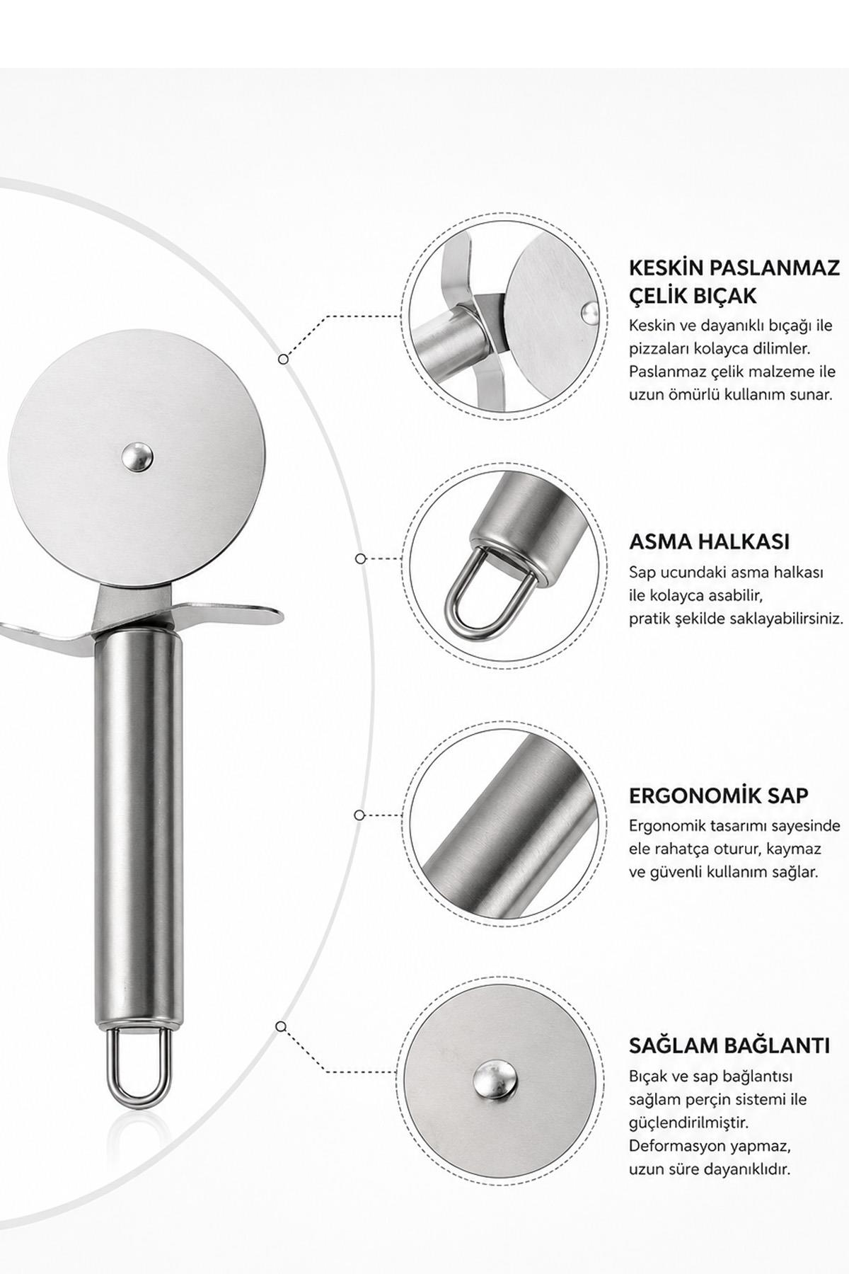 Pizza Kesici Paslanmaz Çelik Metal Saplı Yuvarlak Bıçak Dilimleme Aparatı Ergonomik
