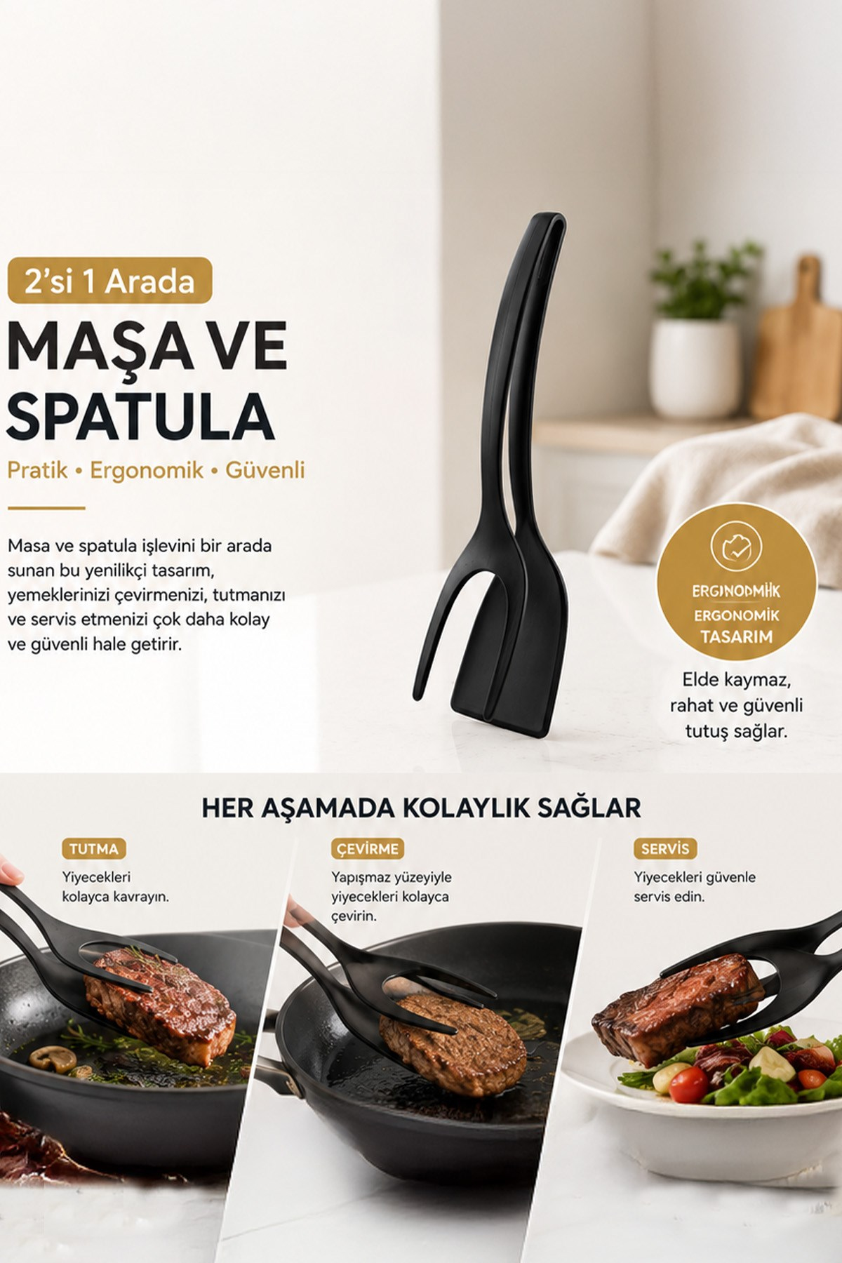 Pratik Yanmaz Yapışmaz Sert Plastik Maşalı Spatula Mutfak Yemek Servis Spatulası