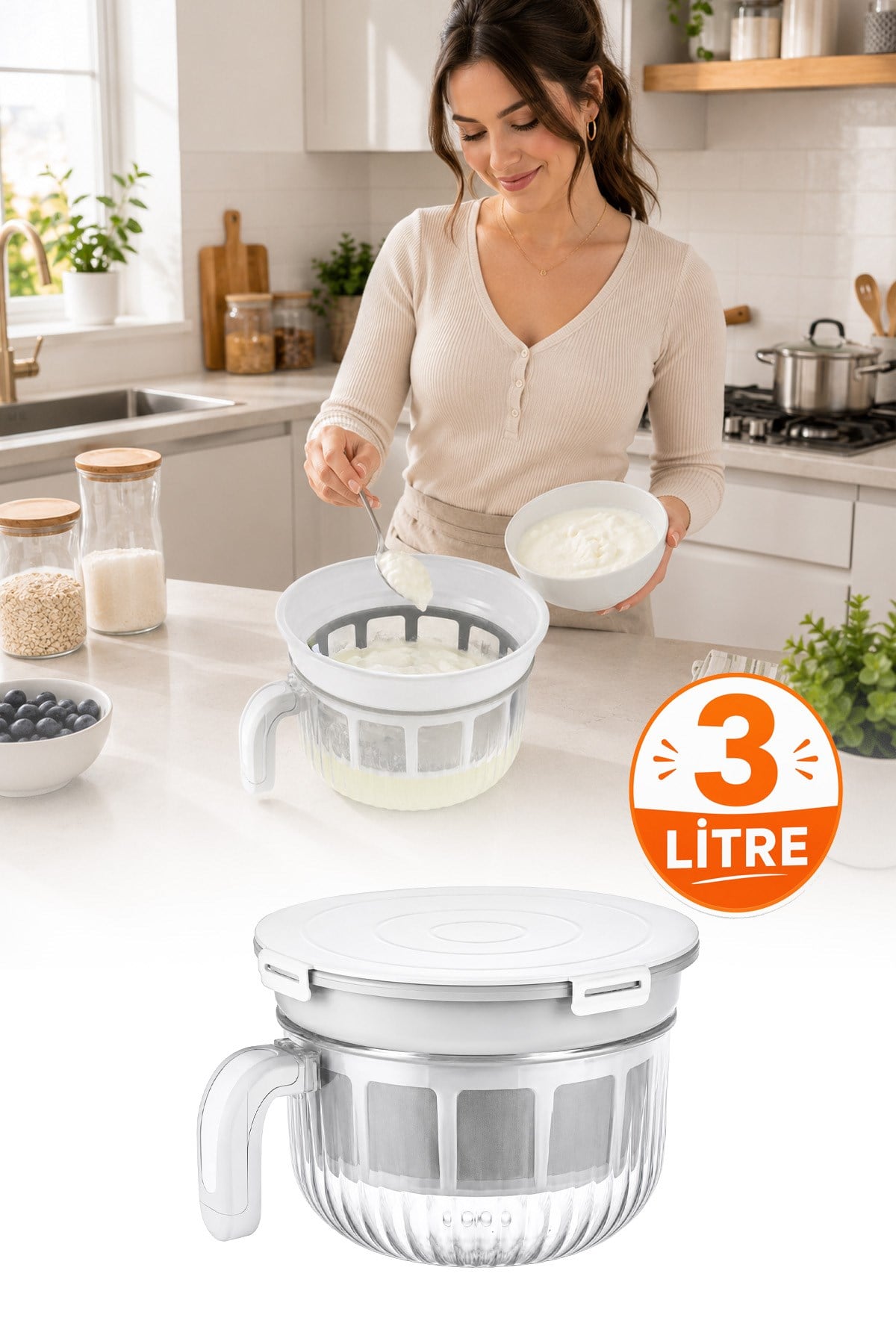 Rüya Chef 3 Litre Yoğurt Süzme Kabı Süzme Yoğurt, Peynir ve Labne Yapma Kabı Kapaklı VP-147