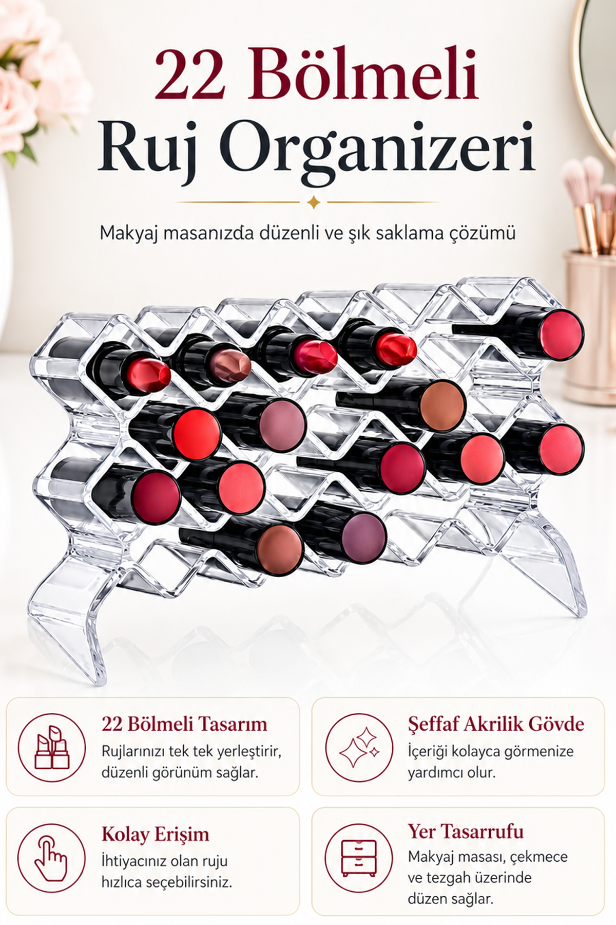 Şeffaf 22 Bölmeli Makyaj Organizeri Ruj Oje Fırça Makyaj Kutusu