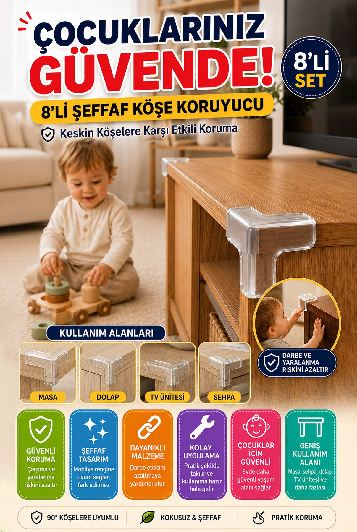 Şeffaf 8'li Silikon Masa Köşe Koruyucu Kenar Koruma Aparatı Çocuk Güvenlik Tamponu