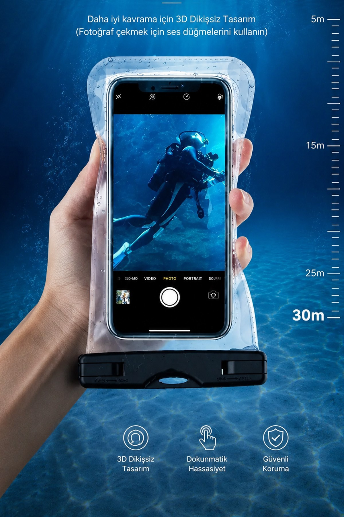 Şeffaf Batmaz Su Geçirmez Telefon Kılıfı Dokunmatik Deniz Havuz Plaj 19x10,6 cm