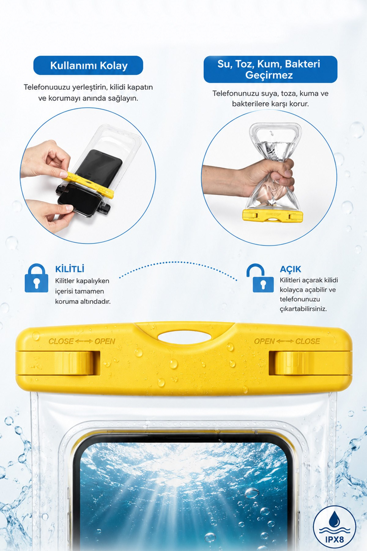 Şeffaf Batmaz Su Geçirmez Telefon Kılıfı Dokunmatik Deniz Havuz Plaj 19x10,6 cm