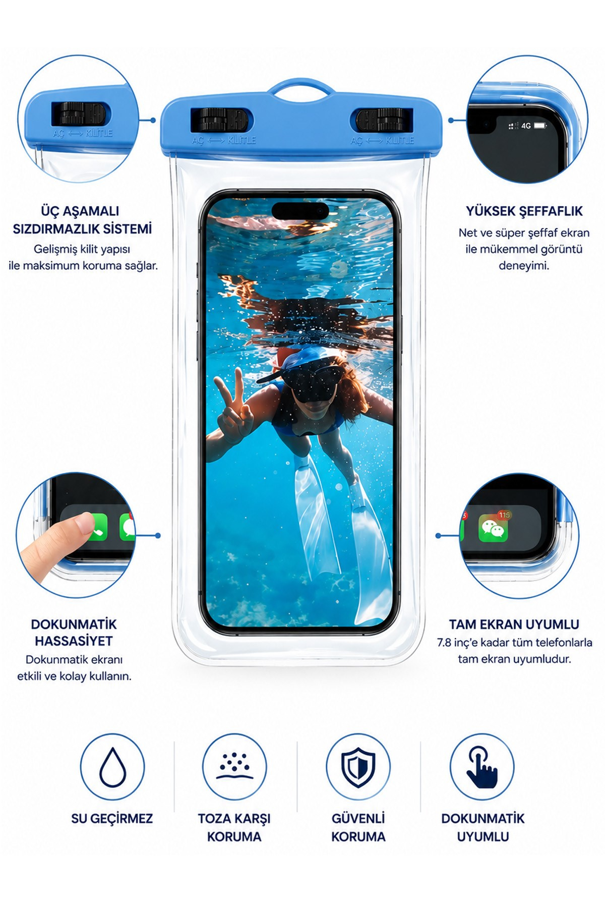 Şeffaf Batmaz Su Geçirmez Telefon Kılıfı Dokunmatik Deniz Havuz Plaj 19x10,6 cm