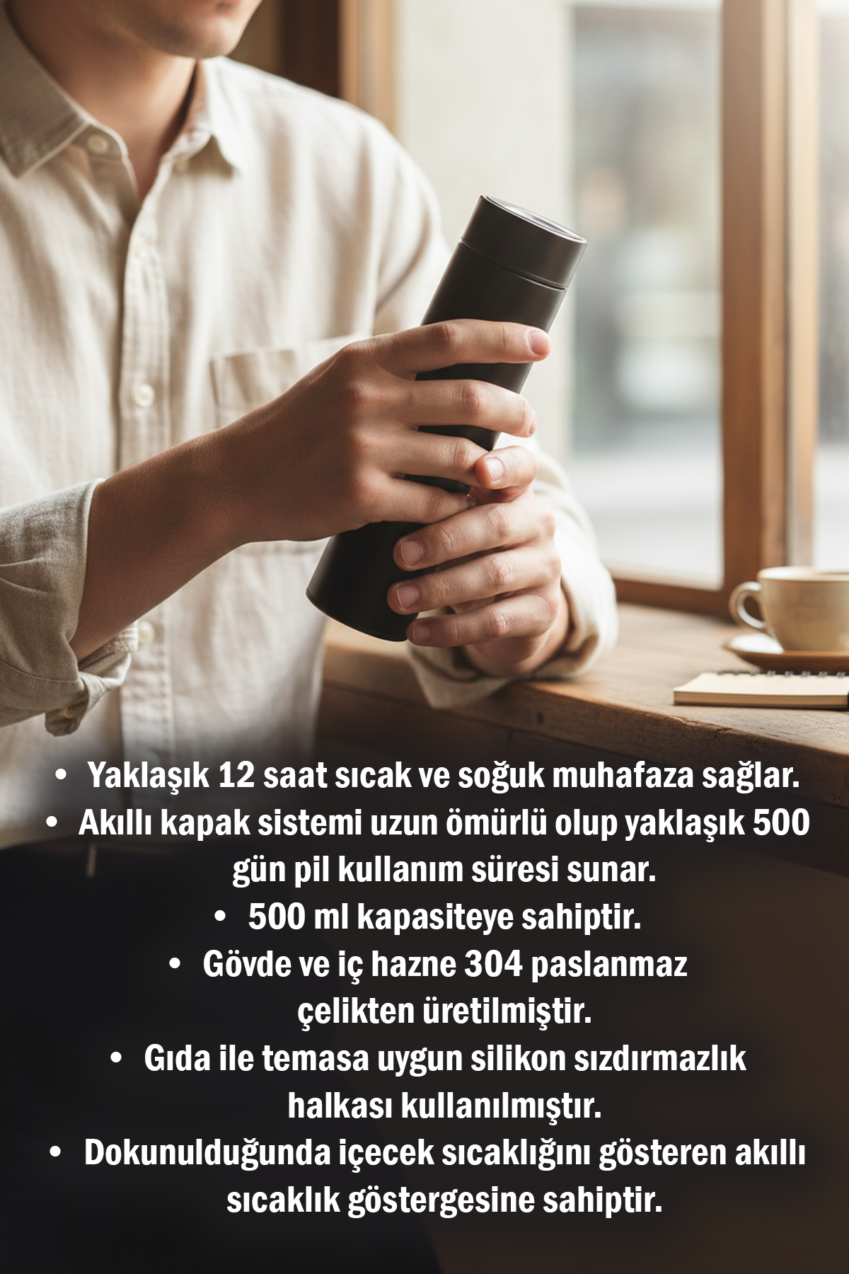 Sıcaklık Göstergeli Termos Dijital Ekranlı Paslanmaz Çelik Akıllı Termos Isı Takibi Sağlayan Kapaklı 500 ml Taşınabilir İç ve Dış Mekân Kullanımı İçin Uygun Şık Tasarımlı Akıllı İçecek Termosu